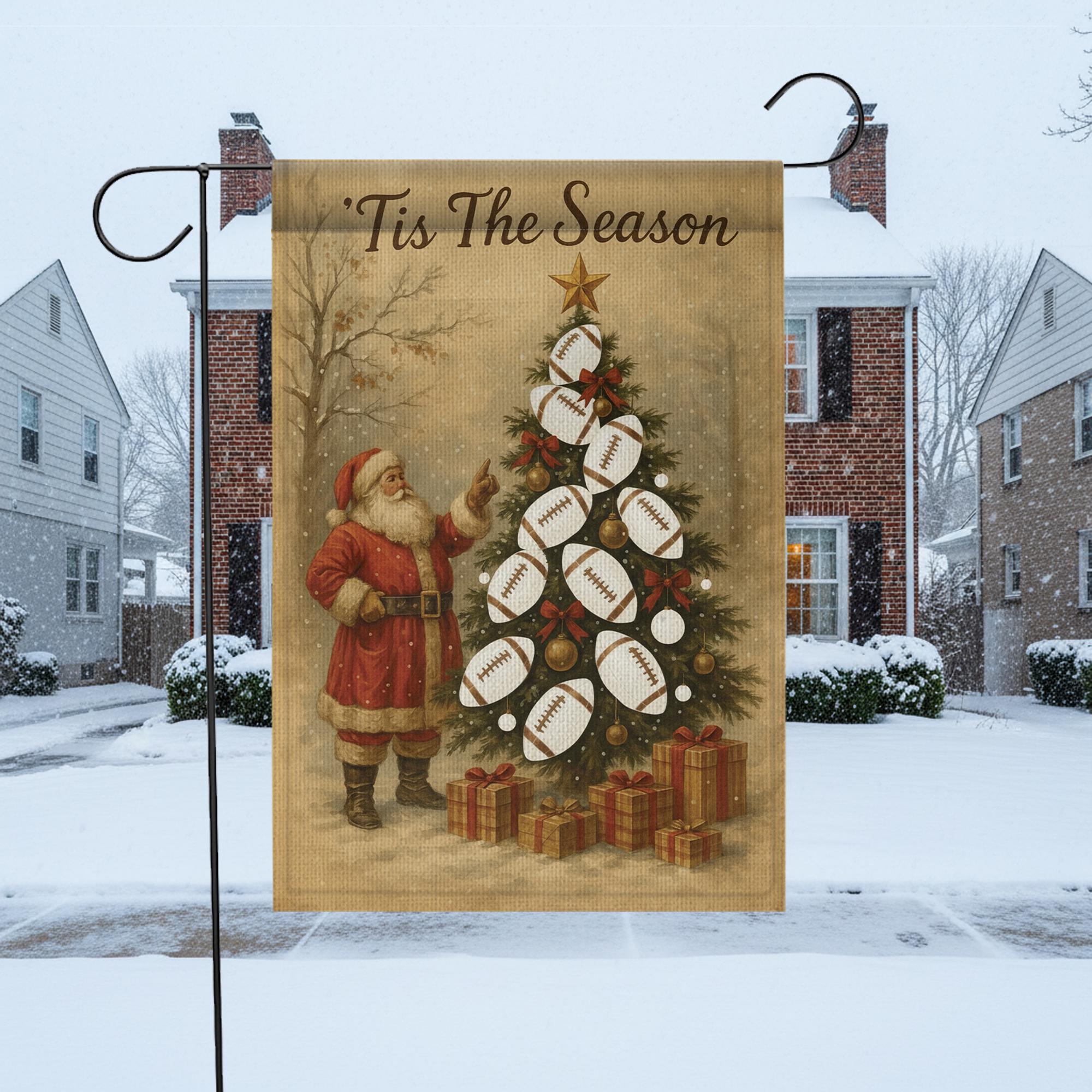 Tis The Season Rugby Garden Flag – Santa Christmas Outdoor Yard Banner for Sports Fans