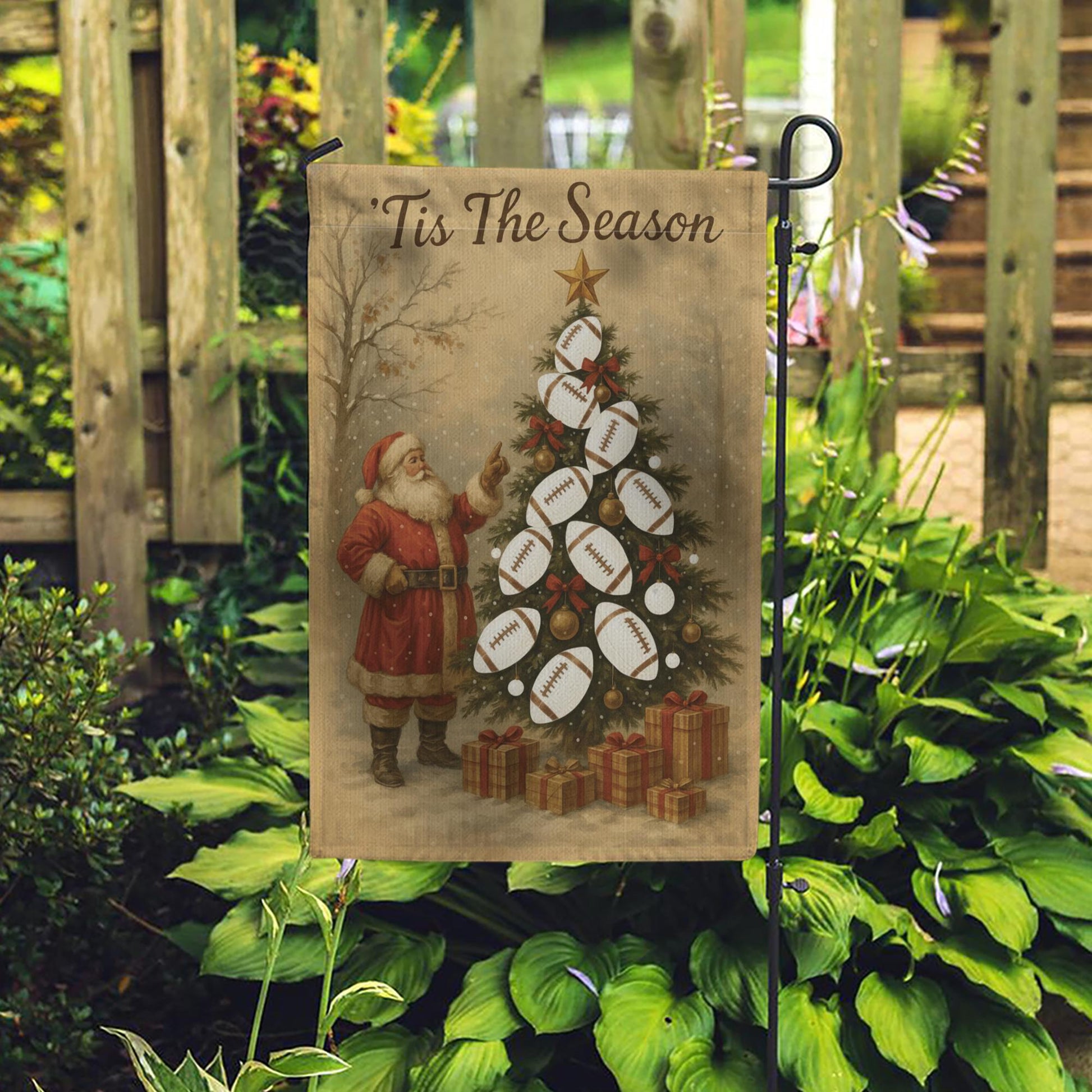 Tis The Season Rugby Garden Flag – Santa Christmas Outdoor Yard Banner for Sports Fans