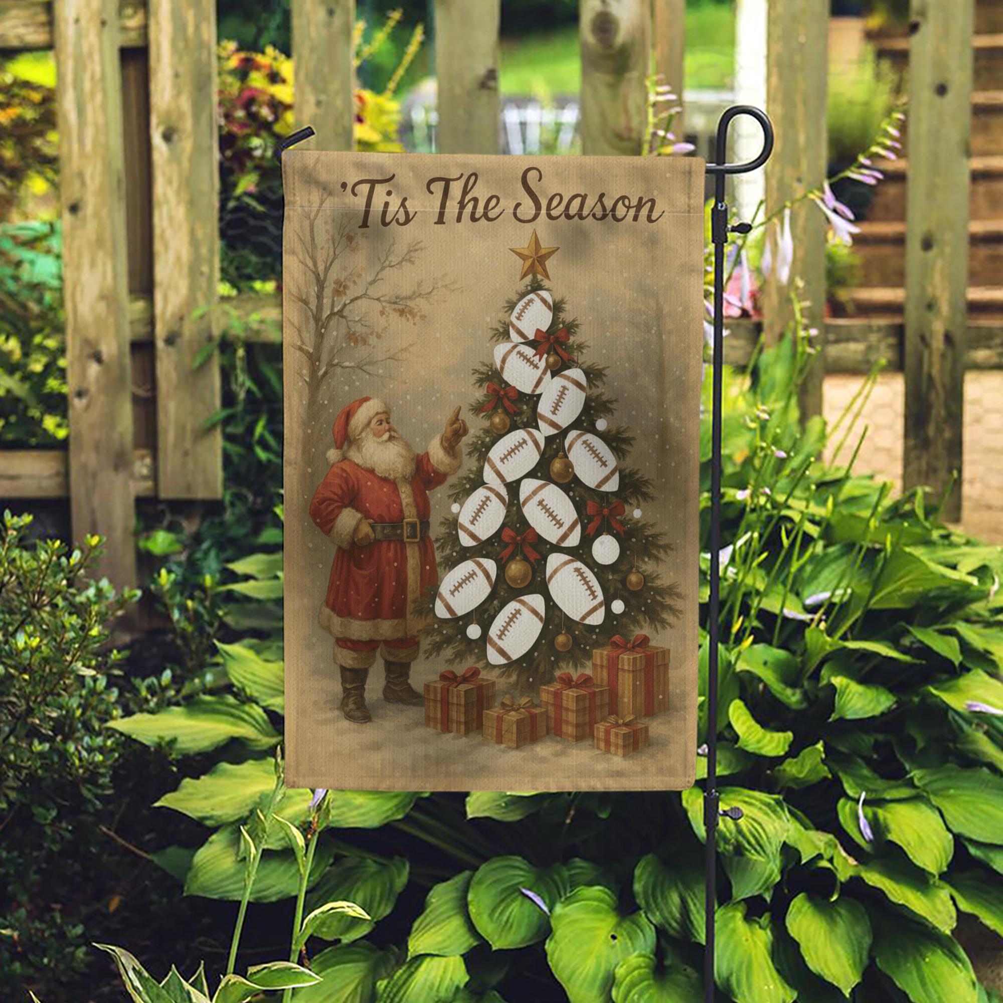 Tis The Season Rugby Garden Flag – Santa Christmas Outdoor Yard Banner for Sports Fans