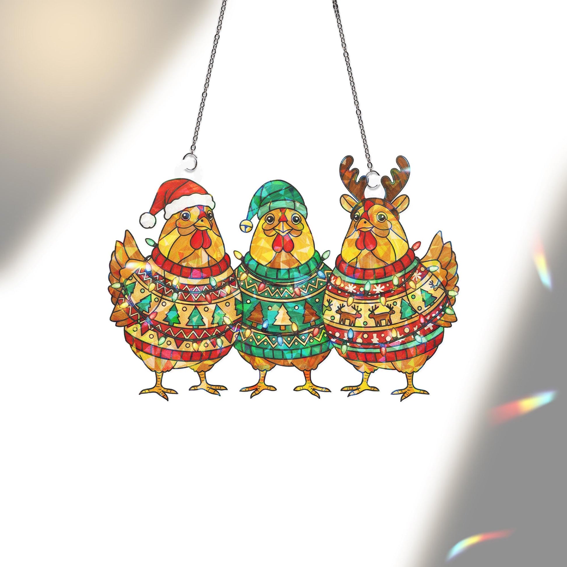 Christmas Chicken Hologram Window Hanging – Funny Holiday Hen Suncatcher Farmhouse Decor