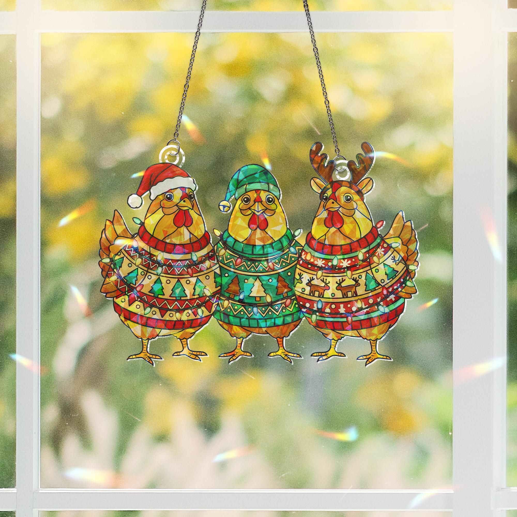 Christmas Chicken Hologram Window Hanging – Funny Holiday Hen Suncatcher Farmhouse Decor