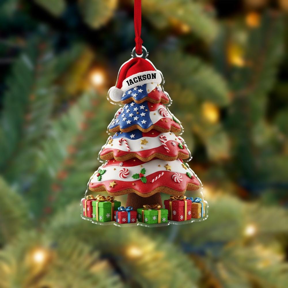 Custom Name Christmas Tree Ornament, Patriotic Holiday Decoration, Personalized USA Flag Keepsake