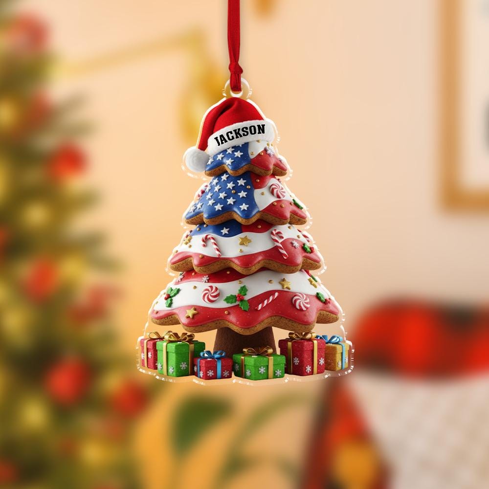 Custom Name Christmas Tree Ornament, Patriotic Holiday Decoration, Personalized USA Flag Keepsake