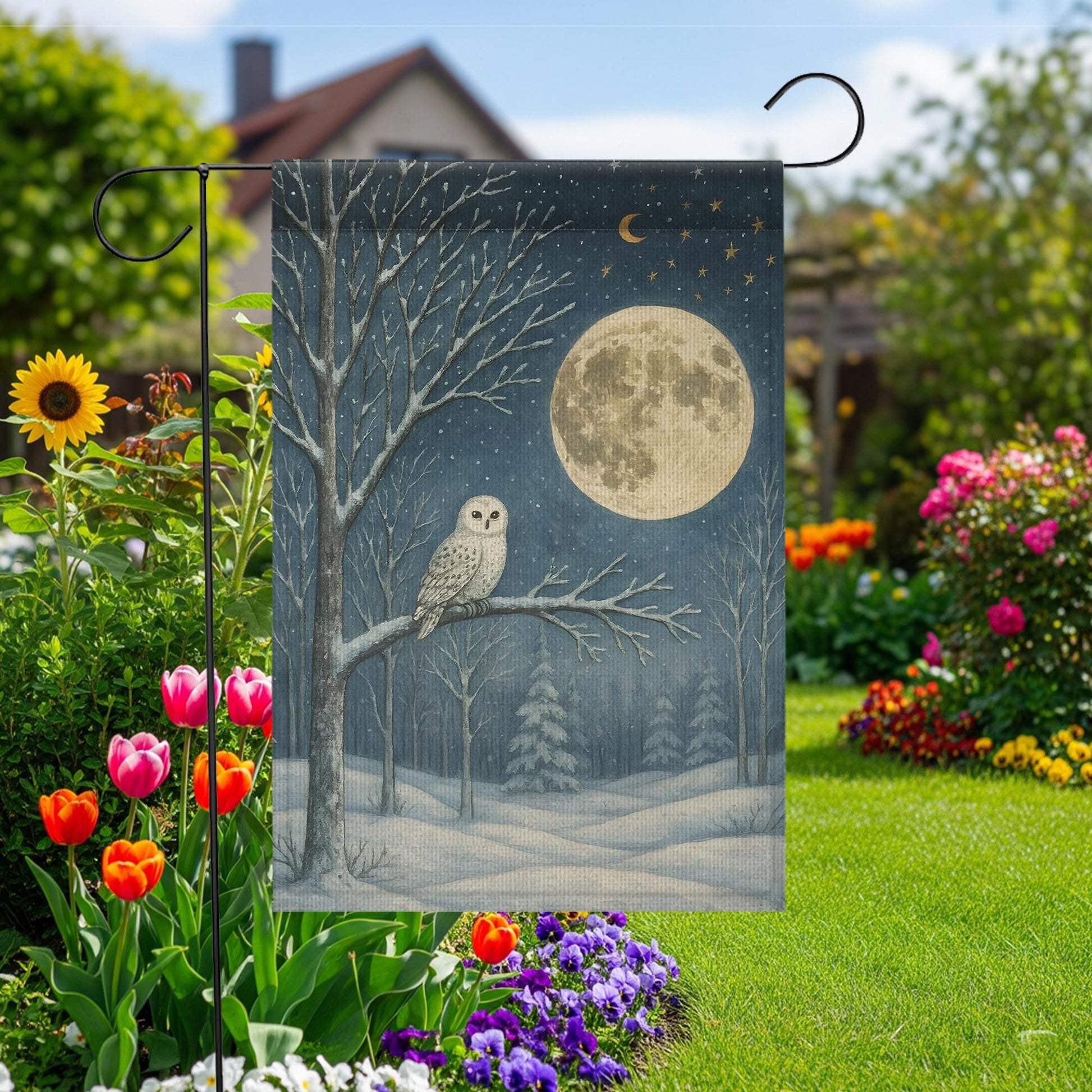 Snowy Owl Winter Garden Flag: Woodland Moon Yard Decor