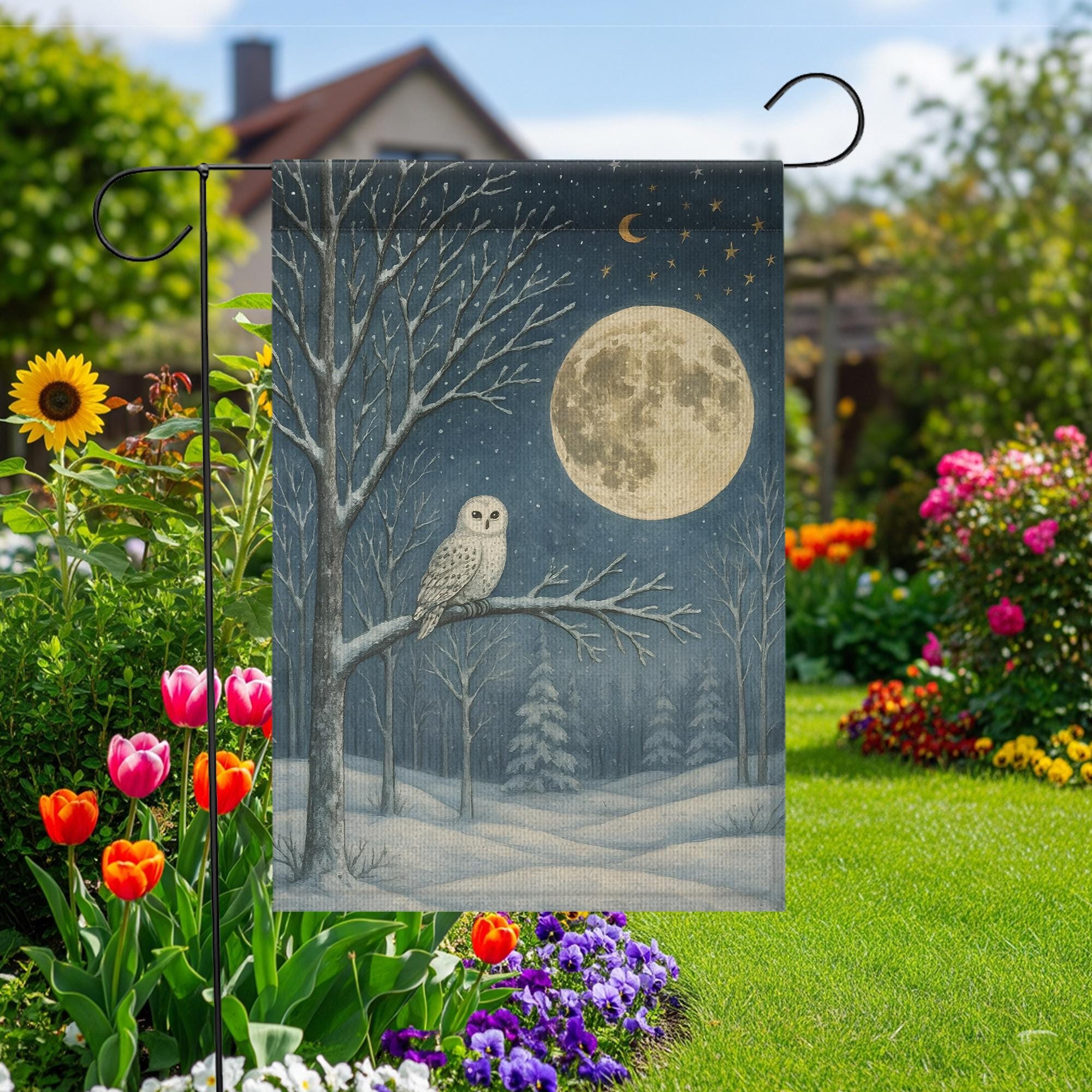 Snowy Owl Winter Garden Flag: Woodland Moon Yard Decor