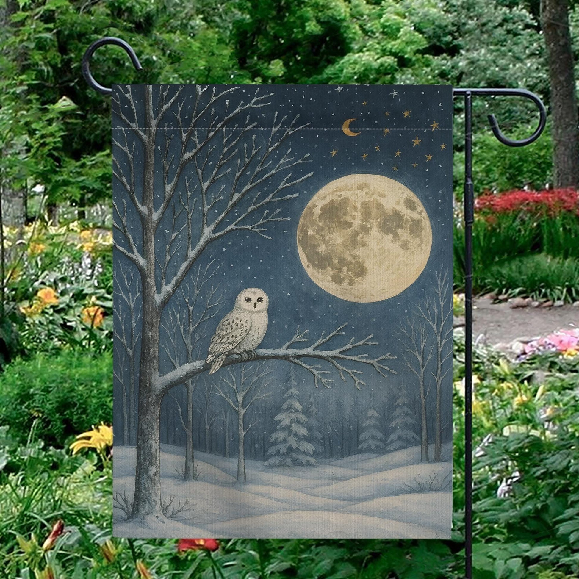 Snowy Owl Winter Garden Flag: Woodland Moon Yard Decor