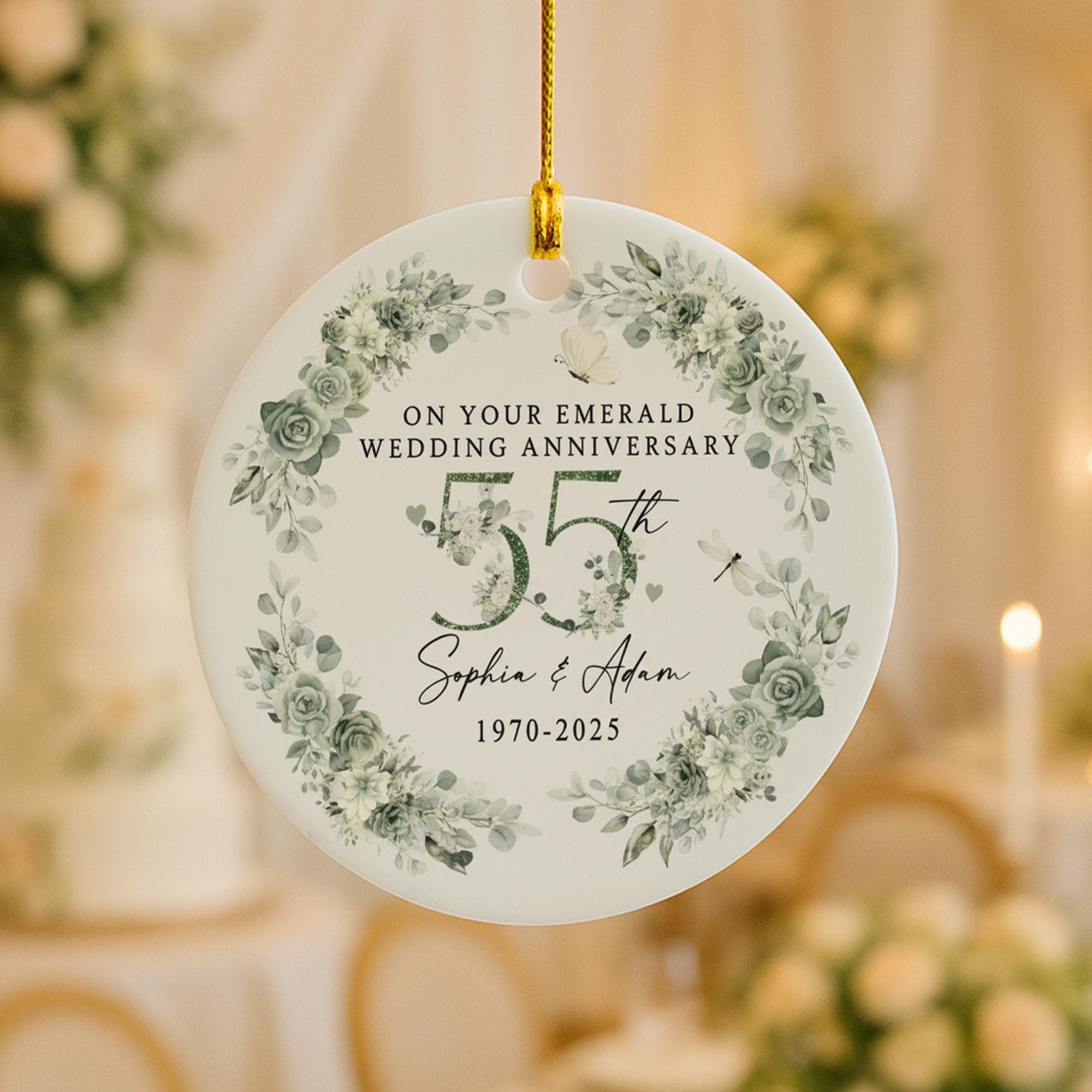 55th Emerald Wedding Anniversary Ceramic Ornament – Personalized Names & Year Keepsake