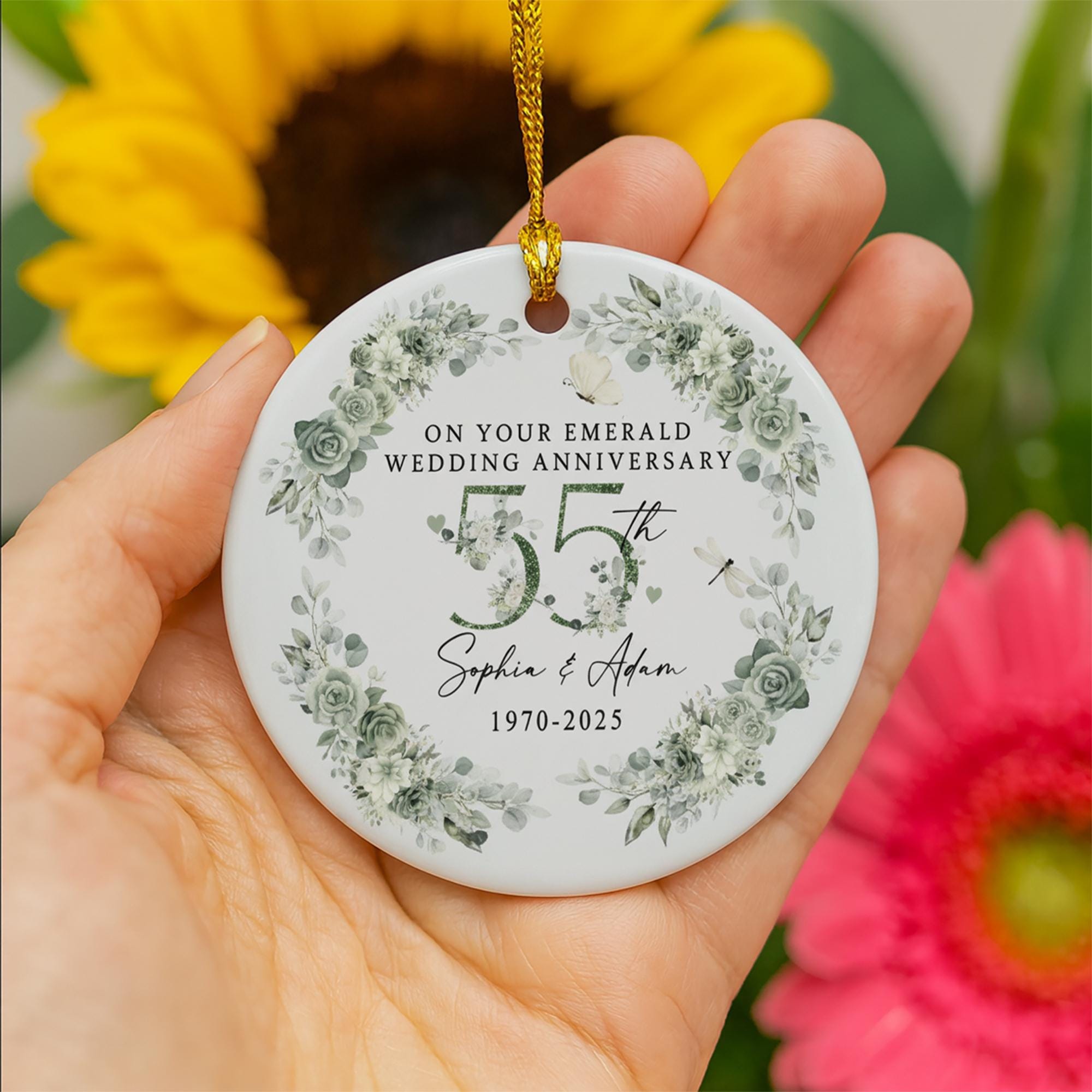 55th Emerald Wedding Anniversary Ceramic Ornament – Personalized Names & Year Keepsake