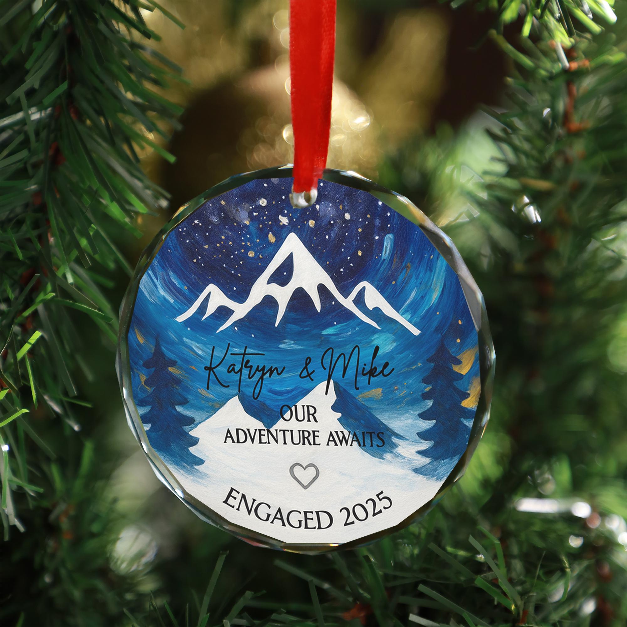 Engagement Ornament 2025 – Personalized Our Adventure Awaits Mountain Keepsake