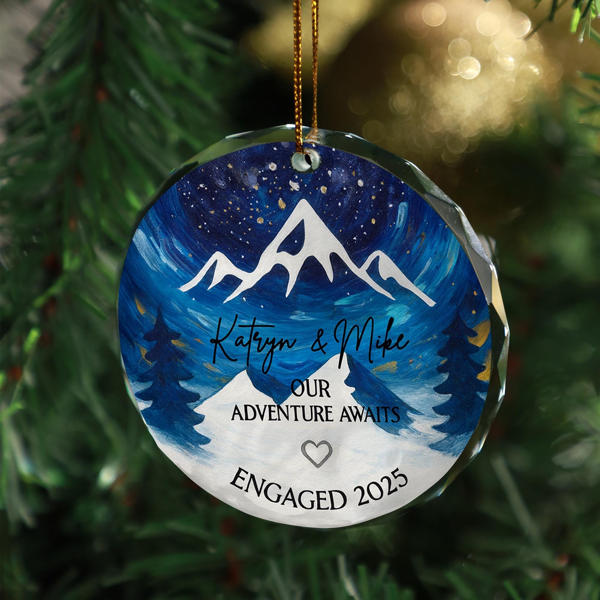 Engagement Ornament 2025 – Personalized Our Adventure Awaits Mountain Keepsake