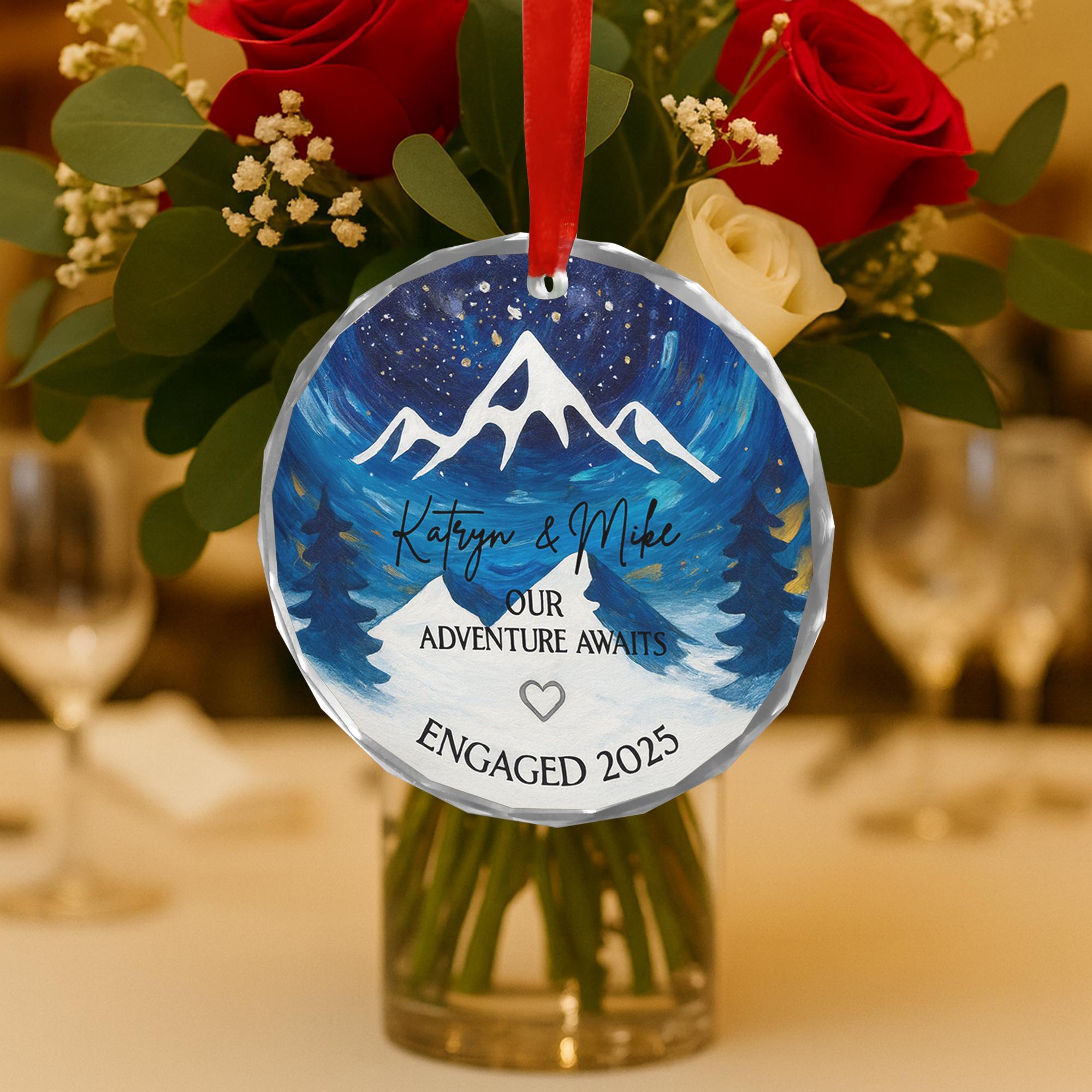 Engagement Ornament 2025 – Personalized Our Adventure Awaits Mountain Keepsake