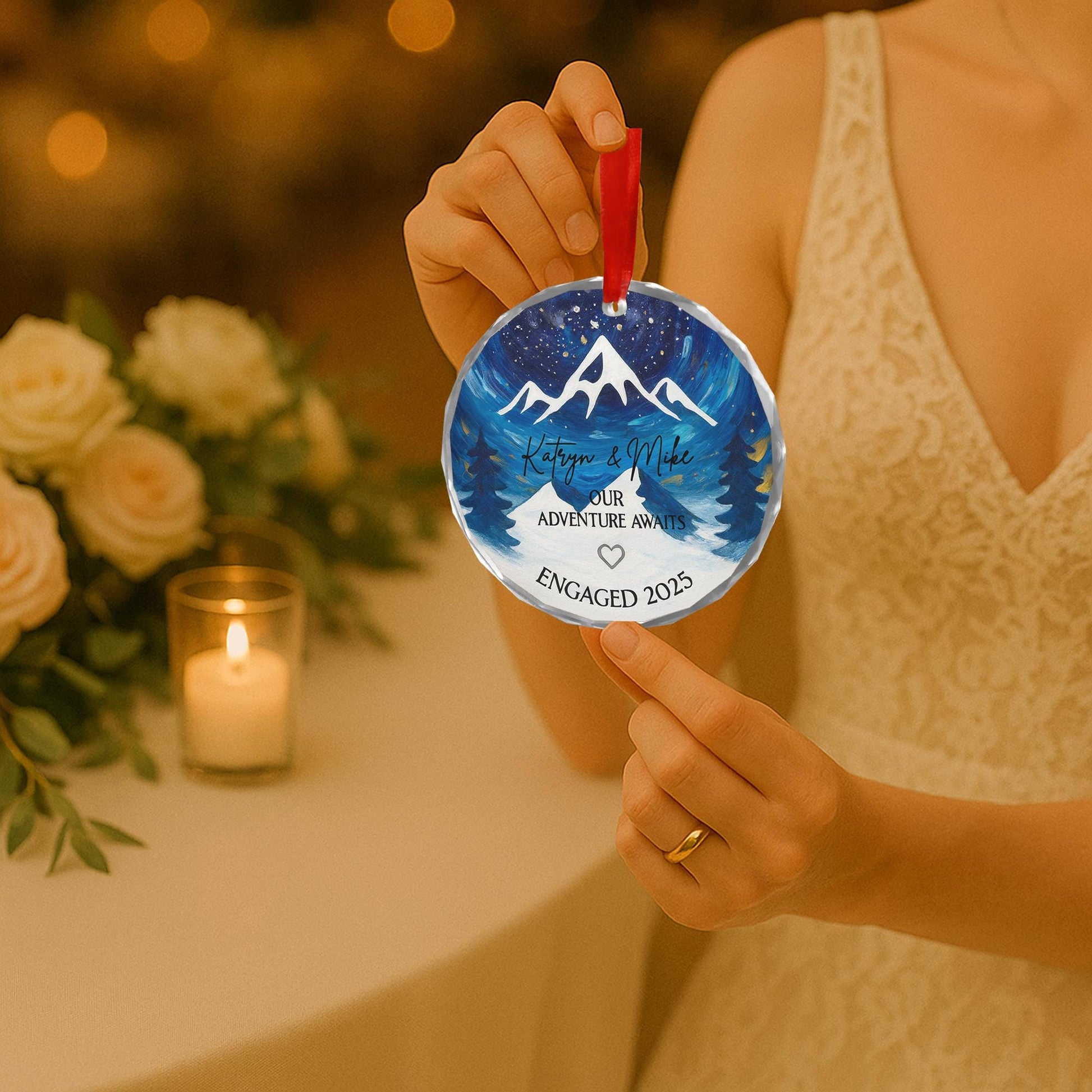 Engagement Ornament 2025 – Personalized Our Adventure Awaits Mountain Keepsake