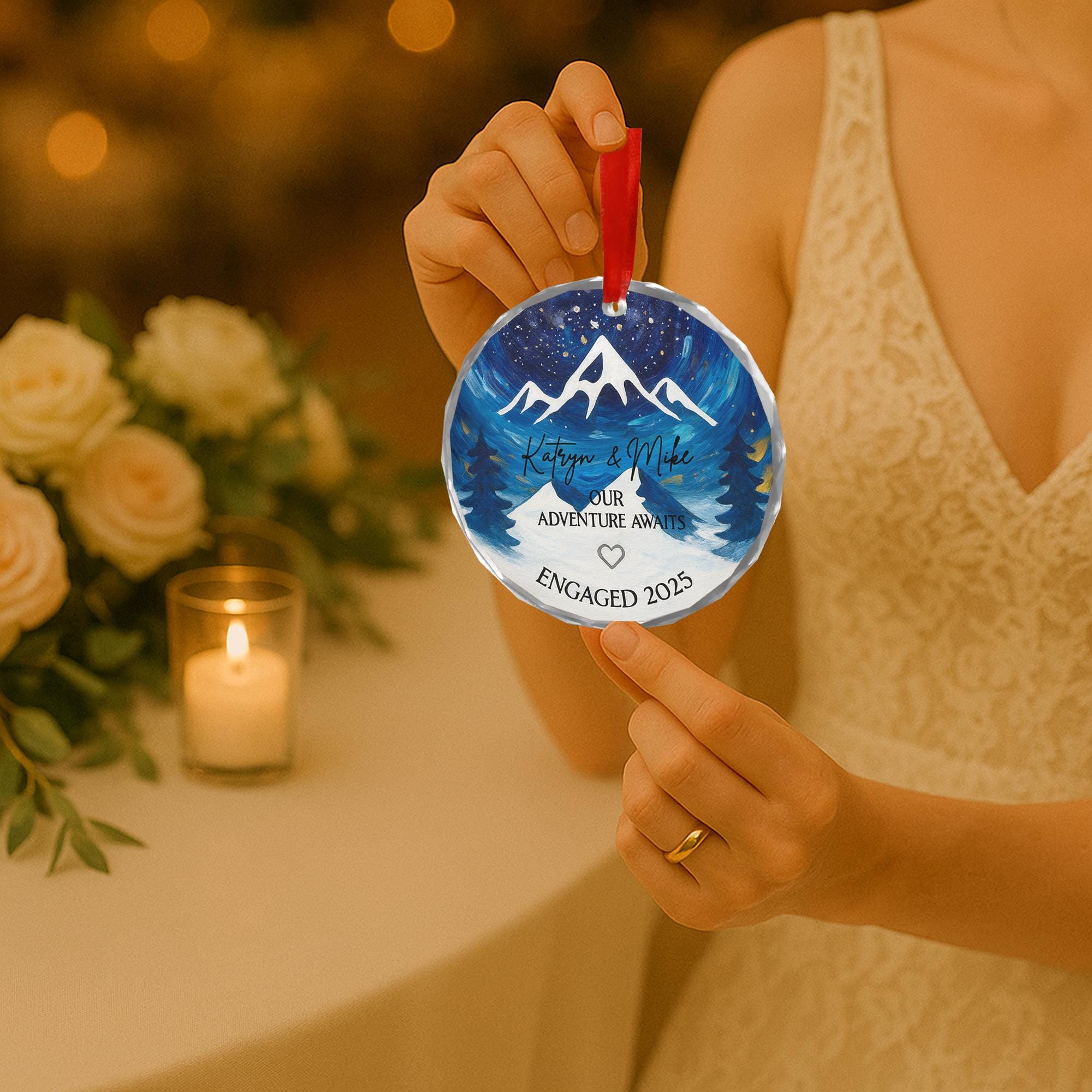 Engagement Ornament 2025 – Personalized Our Adventure Awaits Mountain Keepsake