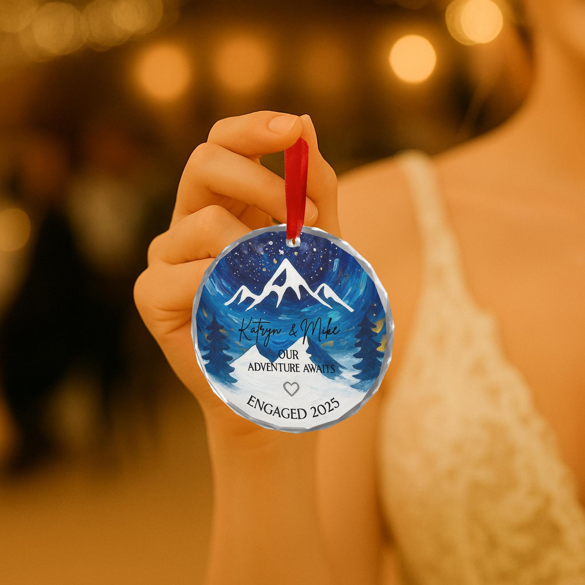Engagement Ornament 2025 – Personalized Our Adventure Awaits Mountain Keepsake