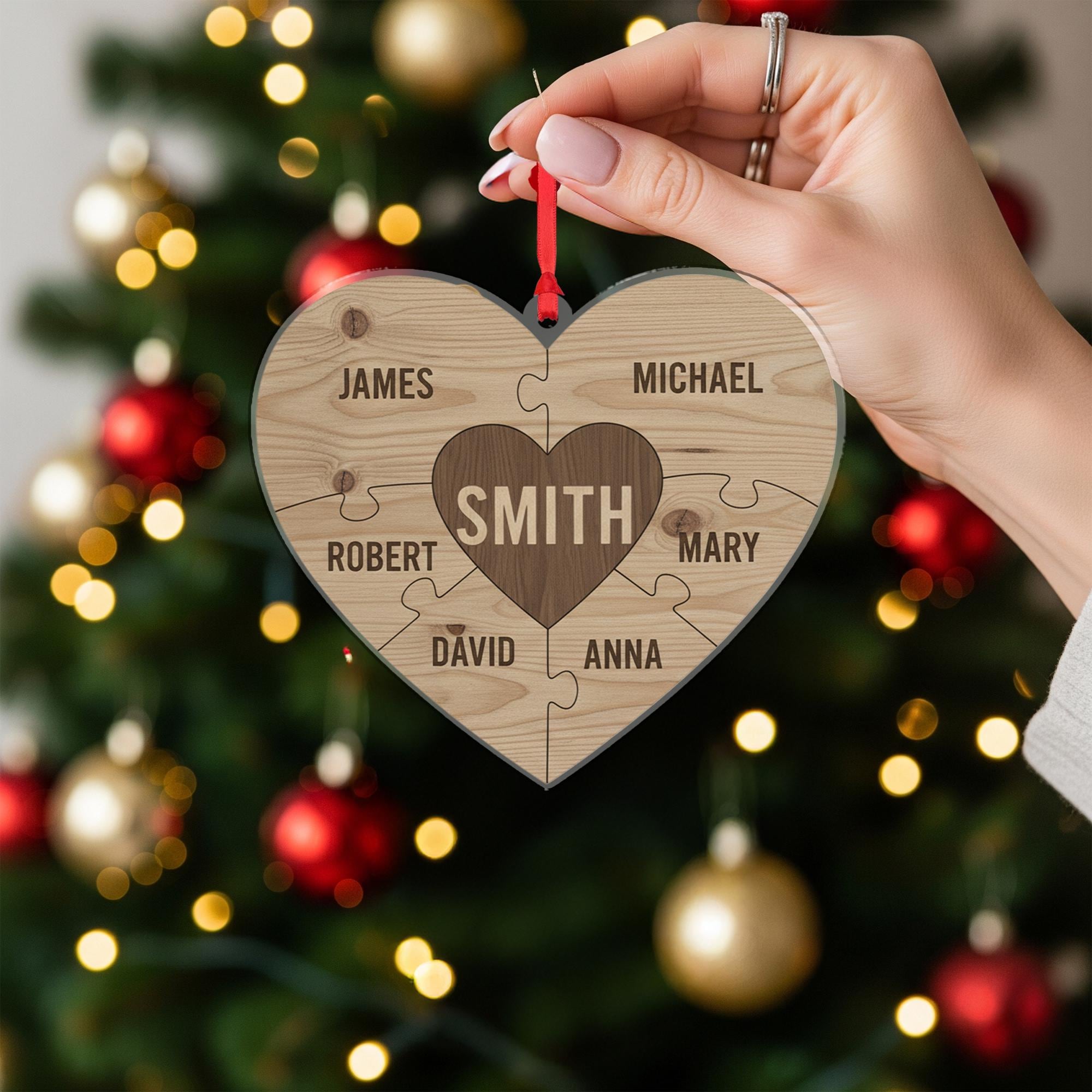 Personalized Wooden Ornament – Family Name Puzzle Heart, Custom Christmas Decoration
