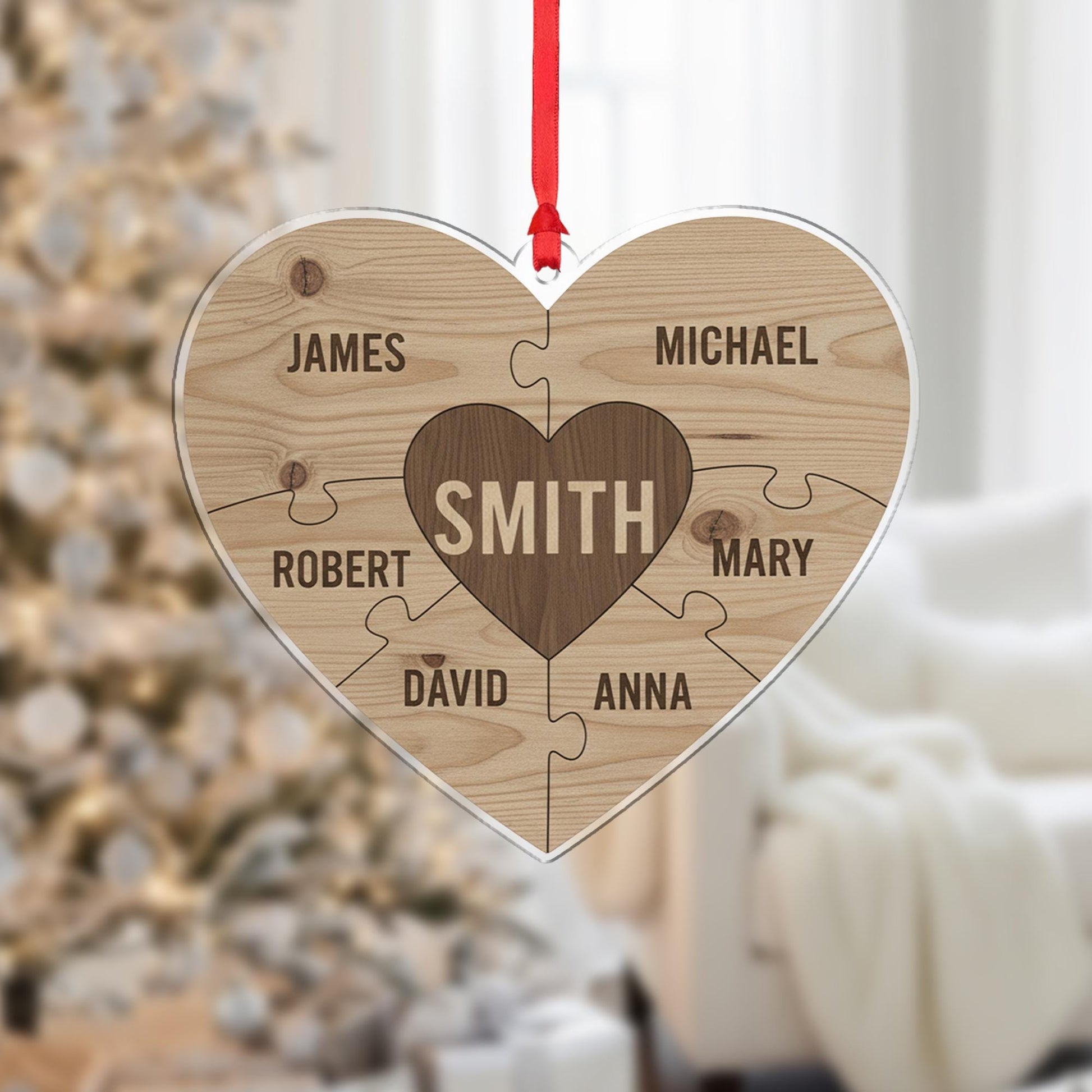 Personalized Wooden Ornament – Family Name Puzzle Heart, Custom Christmas Decoration
