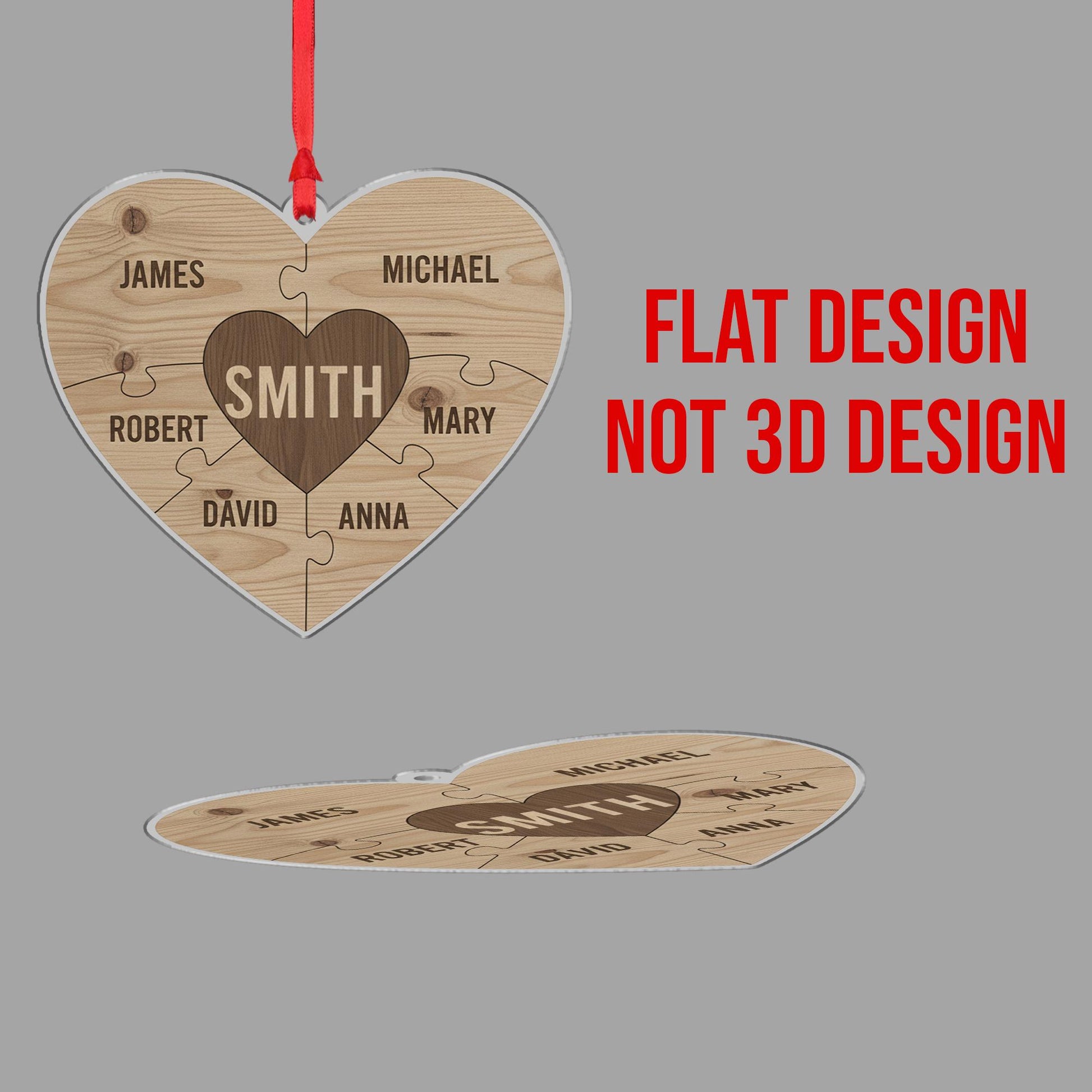 Personalized Wooden Ornament – Family Name Puzzle Heart, Custom Christmas Decoration