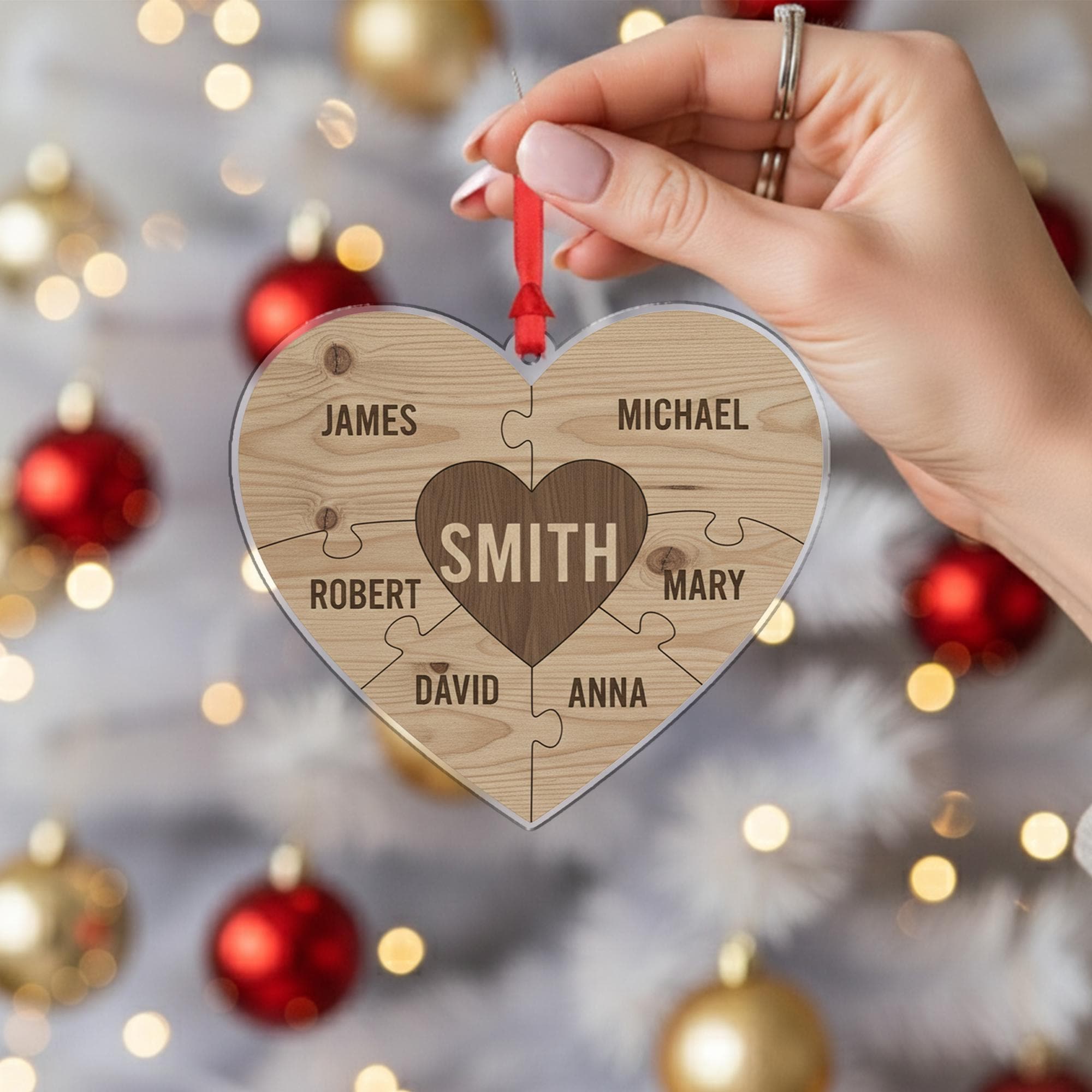 Personalized Wooden Ornament – Family Name Puzzle Heart, Custom Christmas Decoration