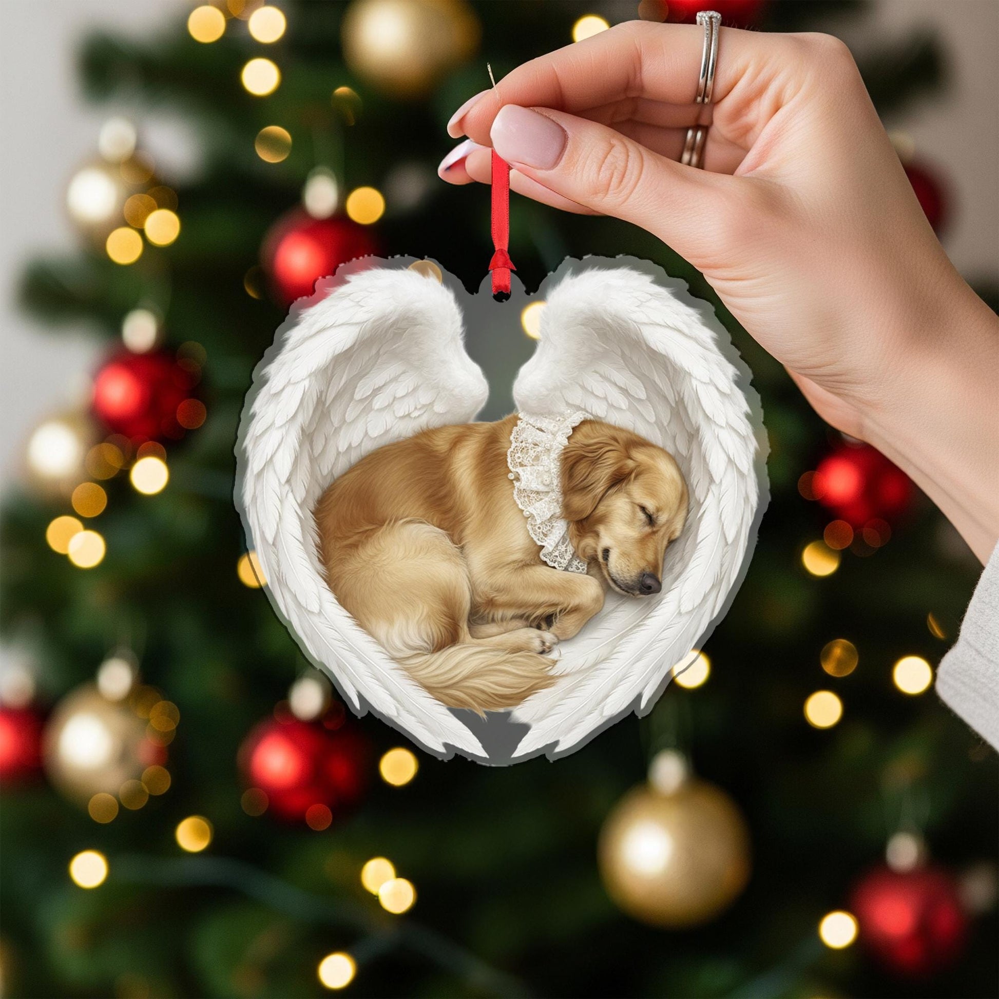 Personalized Pet Memorial Ornament – Dog with Angel Wings, Heart Shape, Christmas Decoration