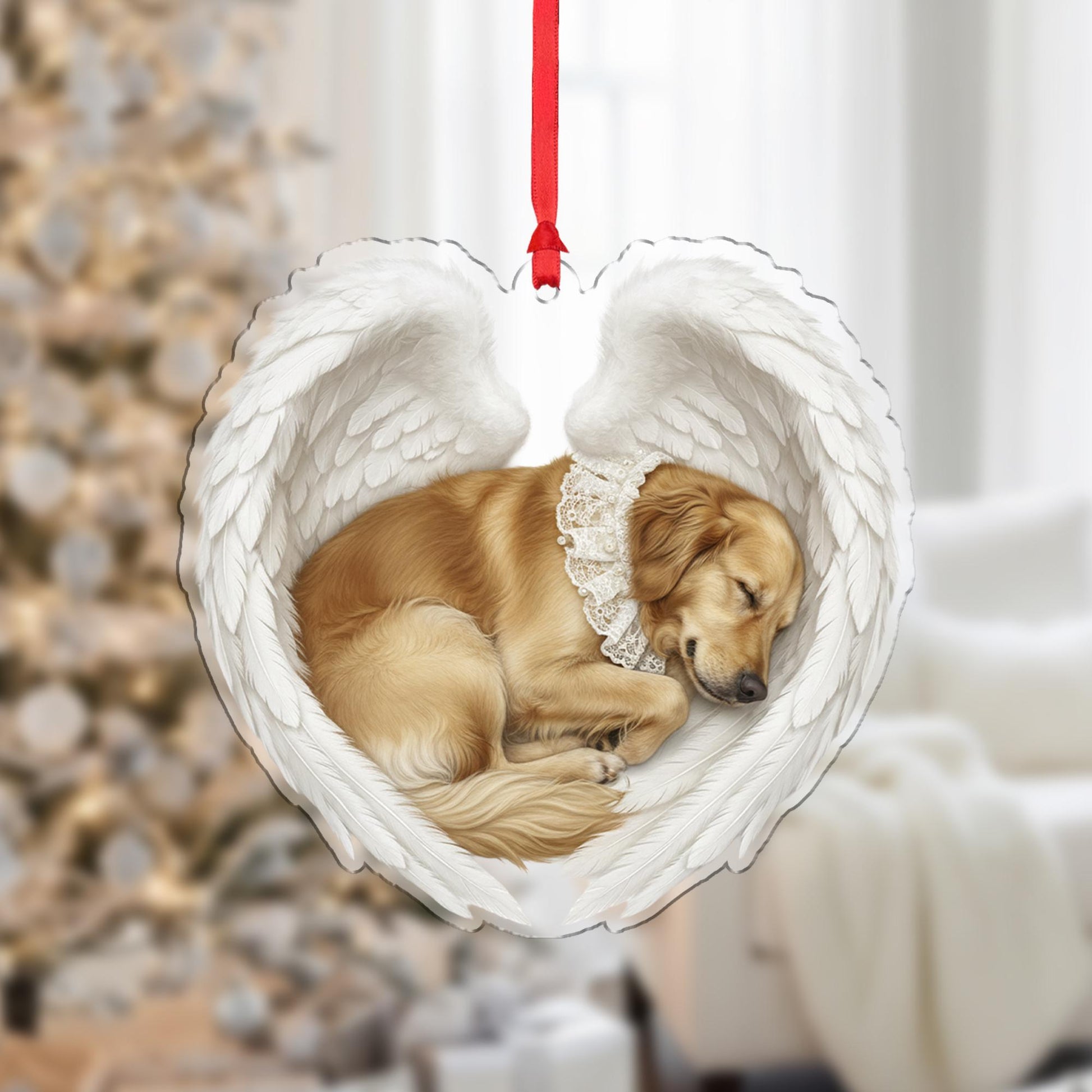 Personalized Pet Memorial Ornament – Dog with Angel Wings, Heart Shape, Christmas Decoration