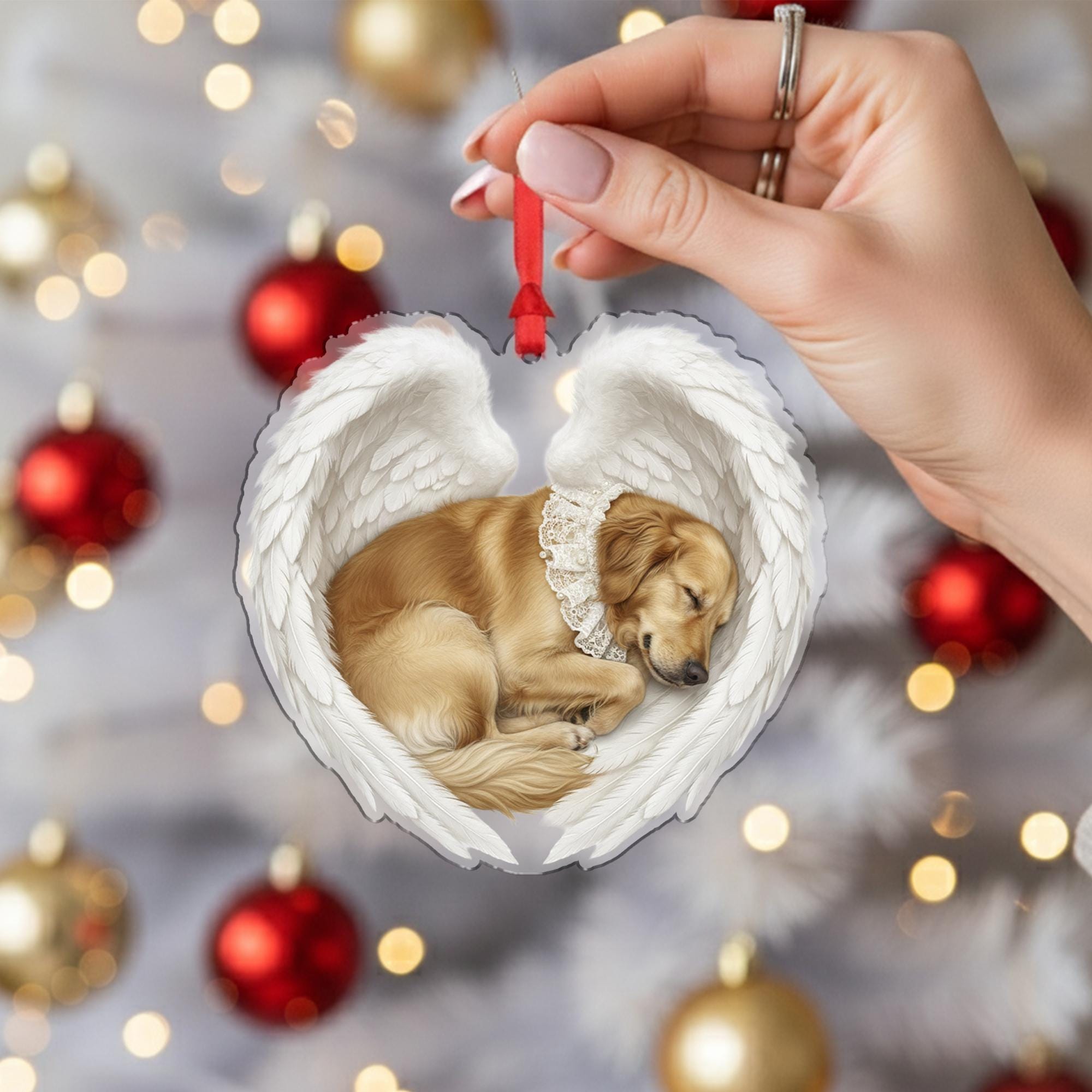 Personalized Pet Memorial Ornament – Dog with Angel Wings, Heart Shape, Christmas Decoration