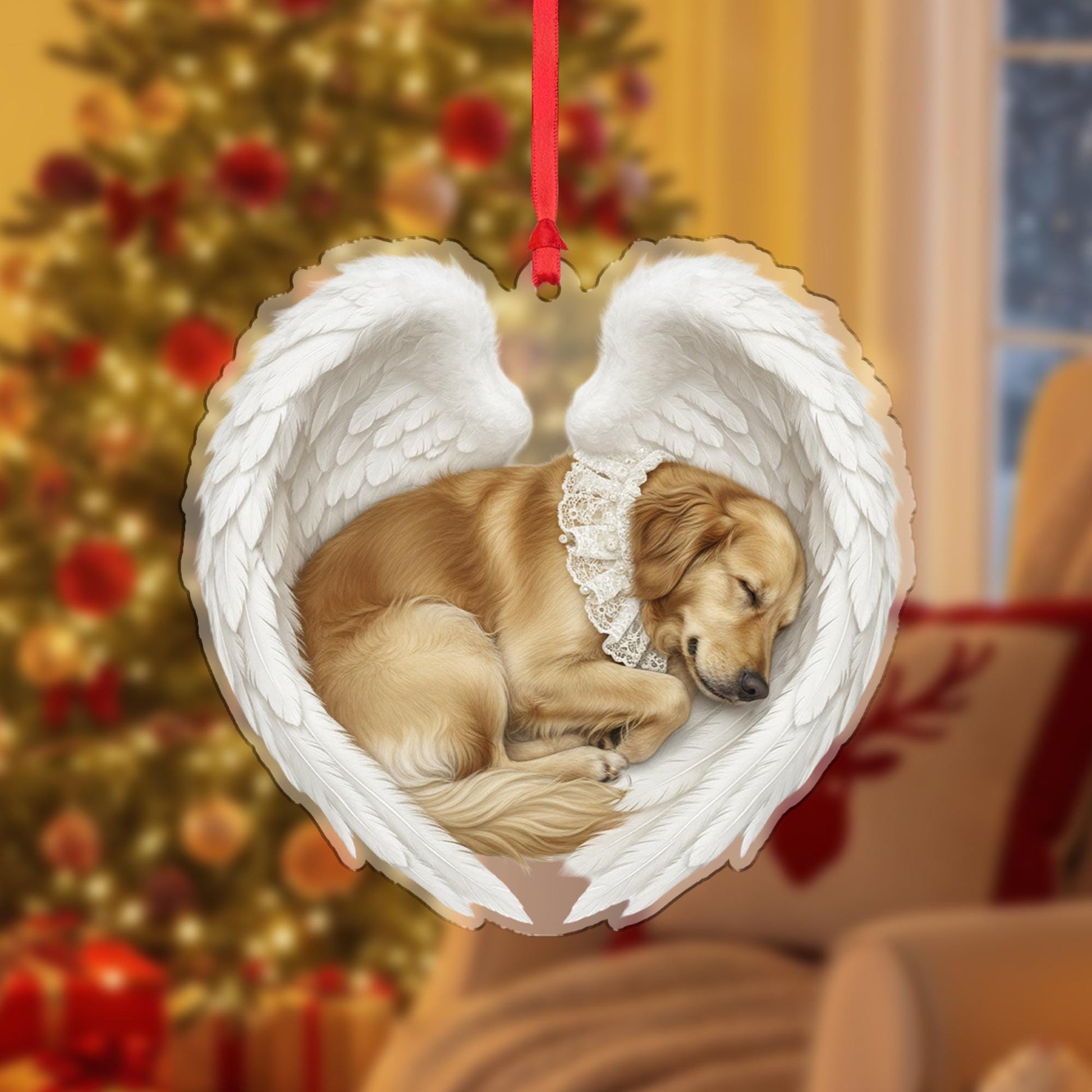Personalized Pet Memorial Ornament – Dog with Angel Wings, Heart Shape, Christmas Decoration