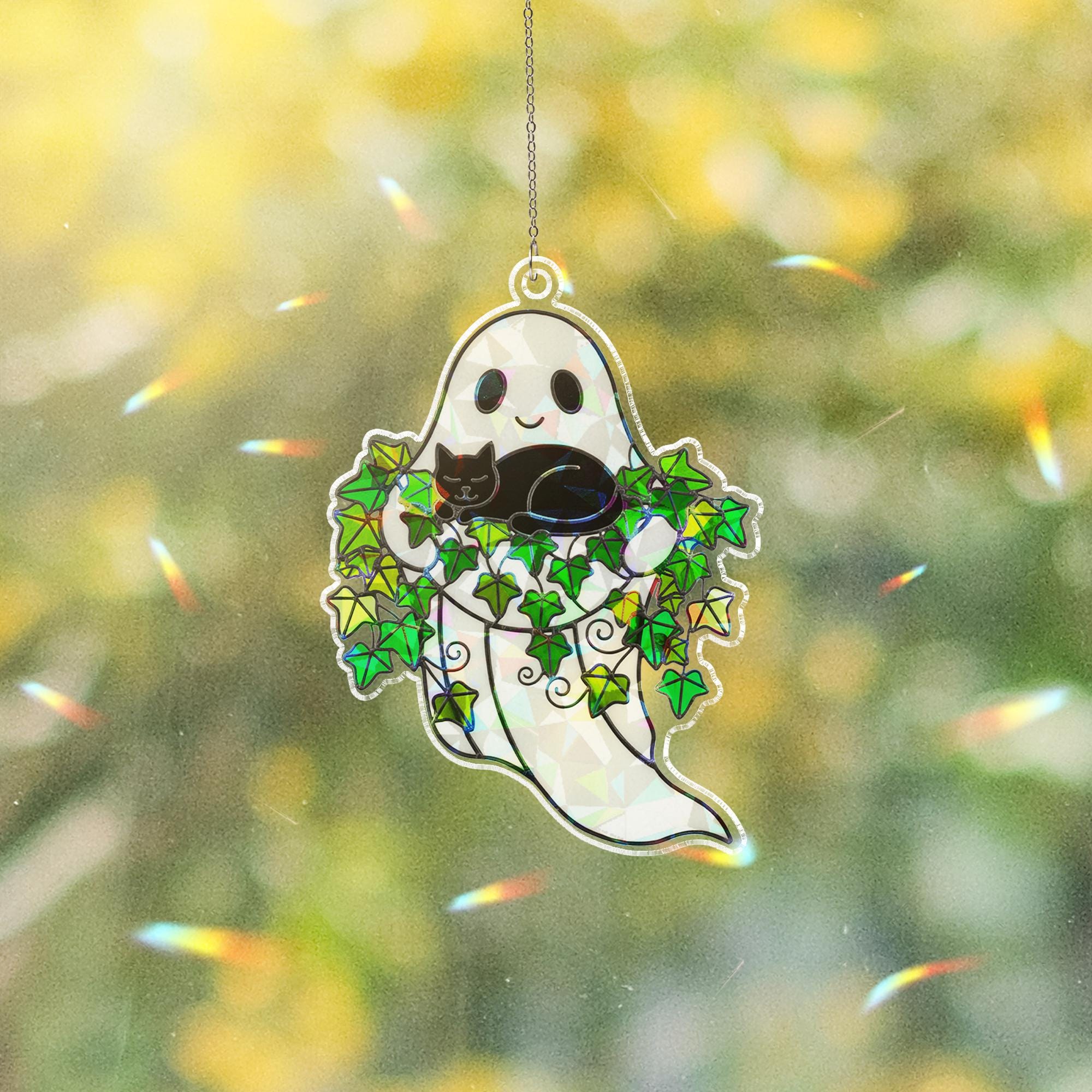 Ghost Window Hanging with Cat and Ivy: Sun Catcher Decoration