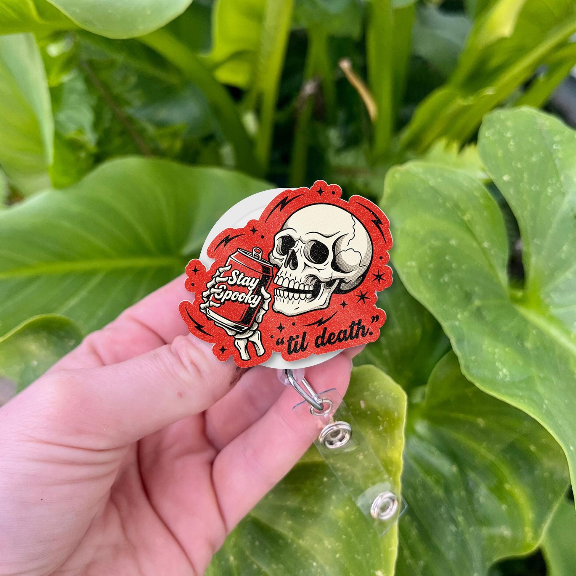 Skull Badge Reel: Stay Spooky Til Death ID Holder Halloween Accessory
