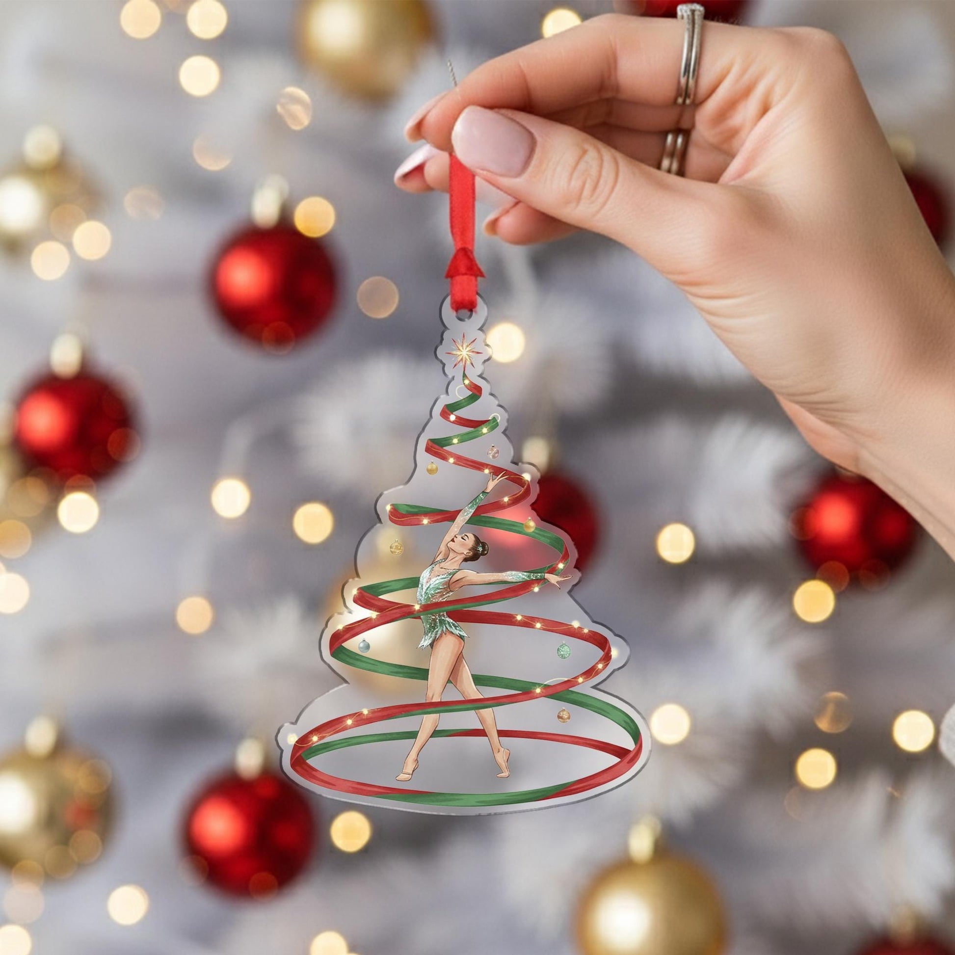 Rhythmic Gymnast Christmas Tree Ornament – Acrylic Hanging Decoration with Red and Green Ribbon Design