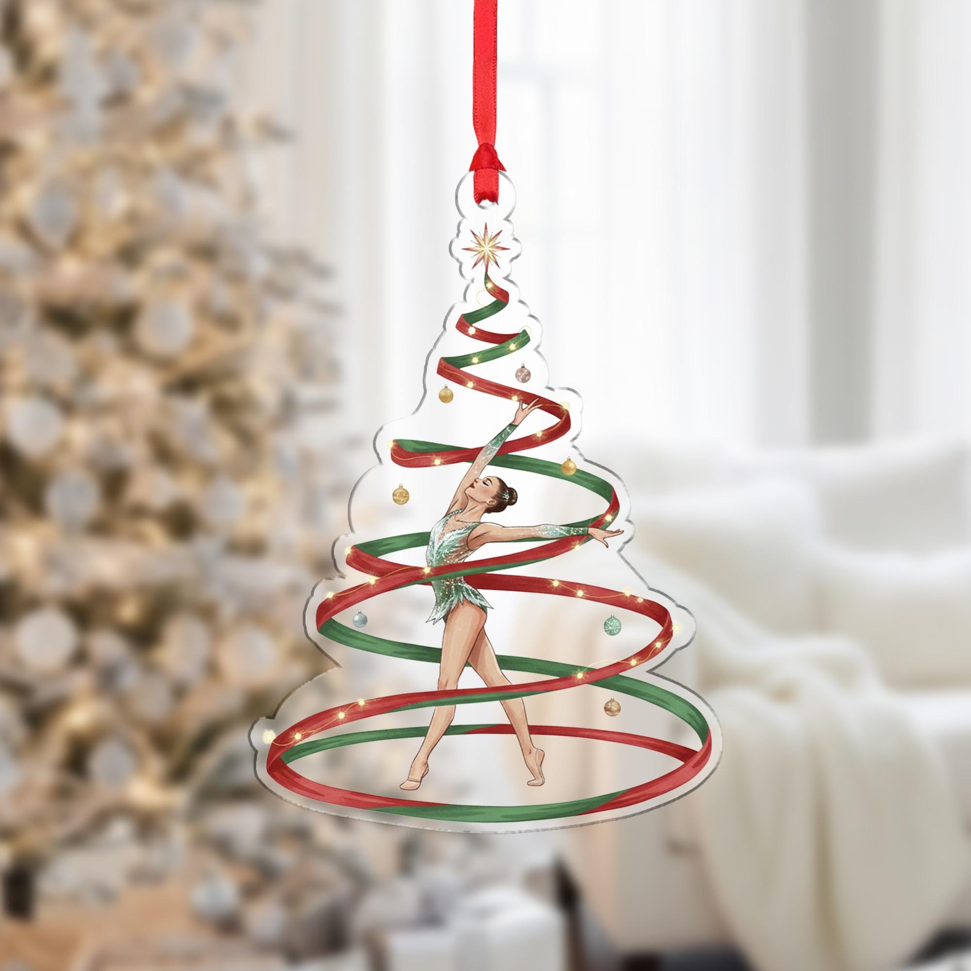 Rhythmic Gymnast Christmas Tree Ornament – Acrylic Hanging Decoration with Red and Green Ribbon Design