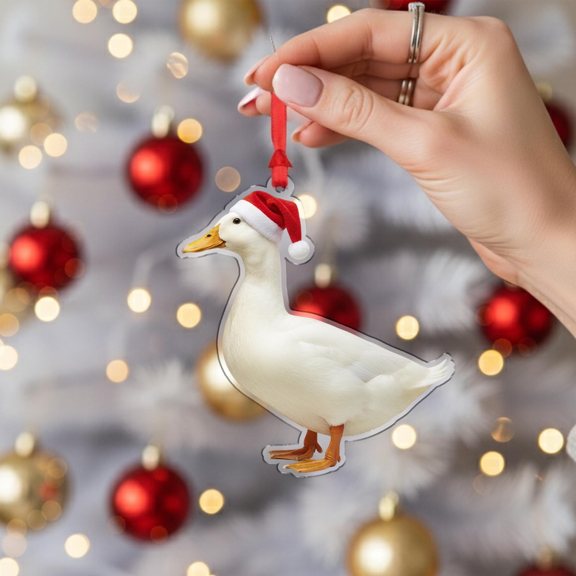 Duck Christmas Ornament – Acrylic Hanging Decoration with Santa Hat Design