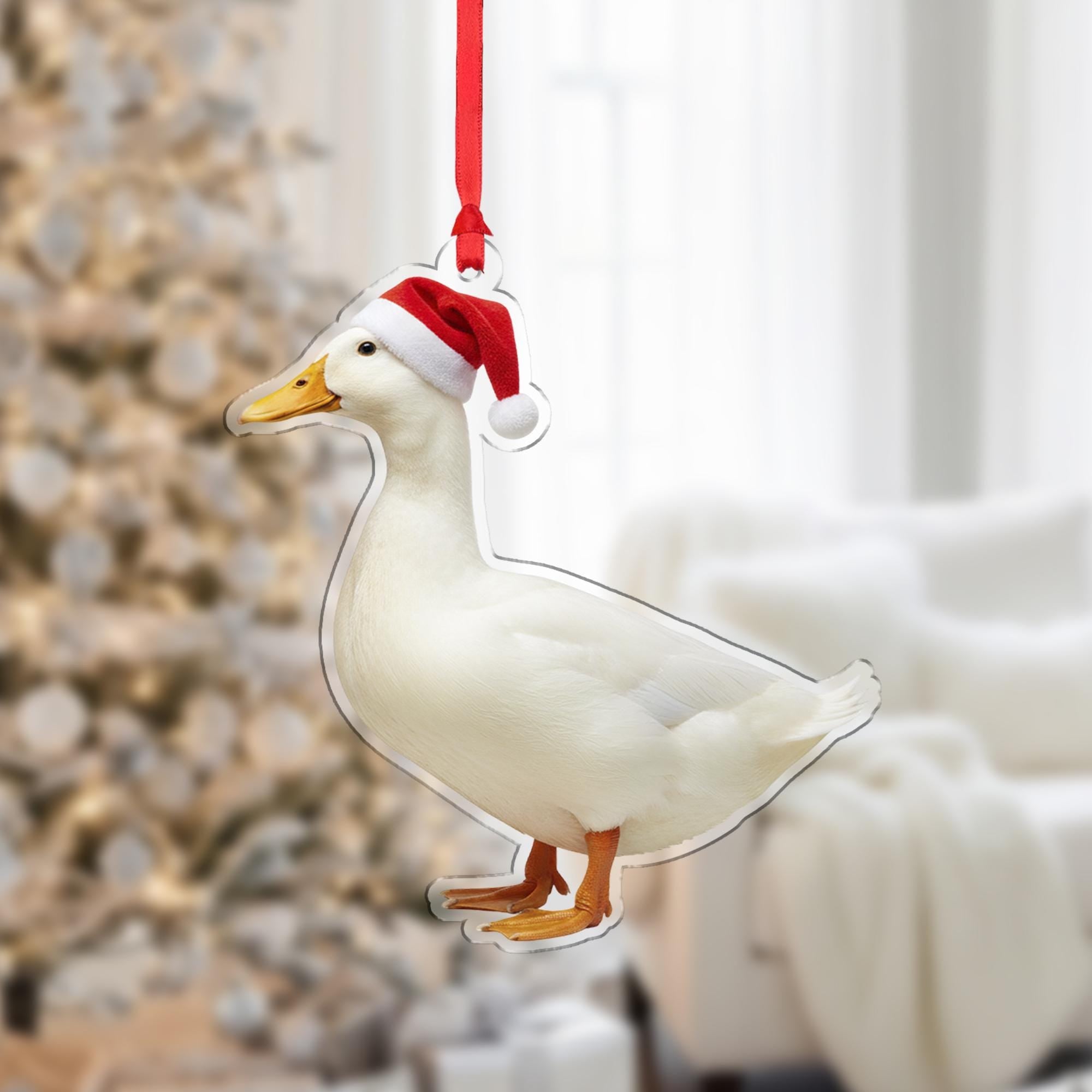 Duck Christmas Ornament – Acrylic Hanging Decoration with Santa Hat Design