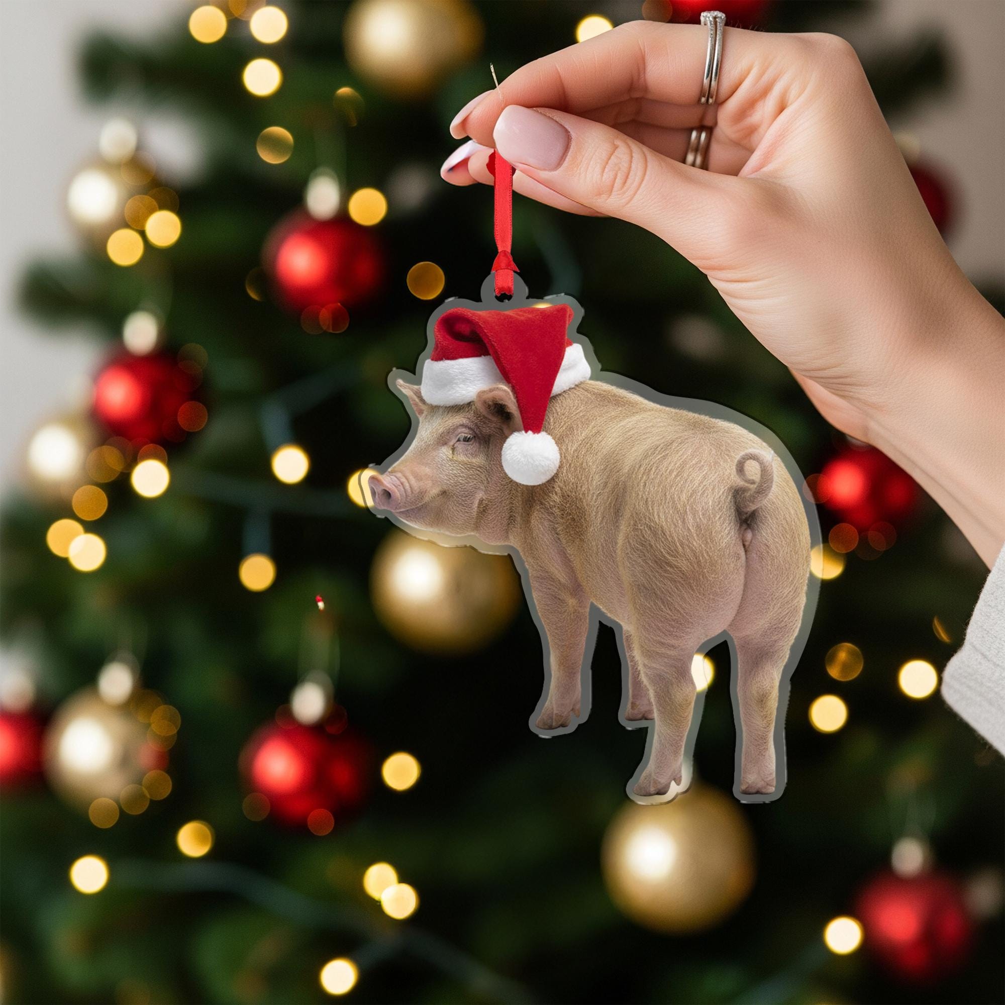 Pig Christmas Ornament – Acrylic Hanging Decoration with Santa Hat Design