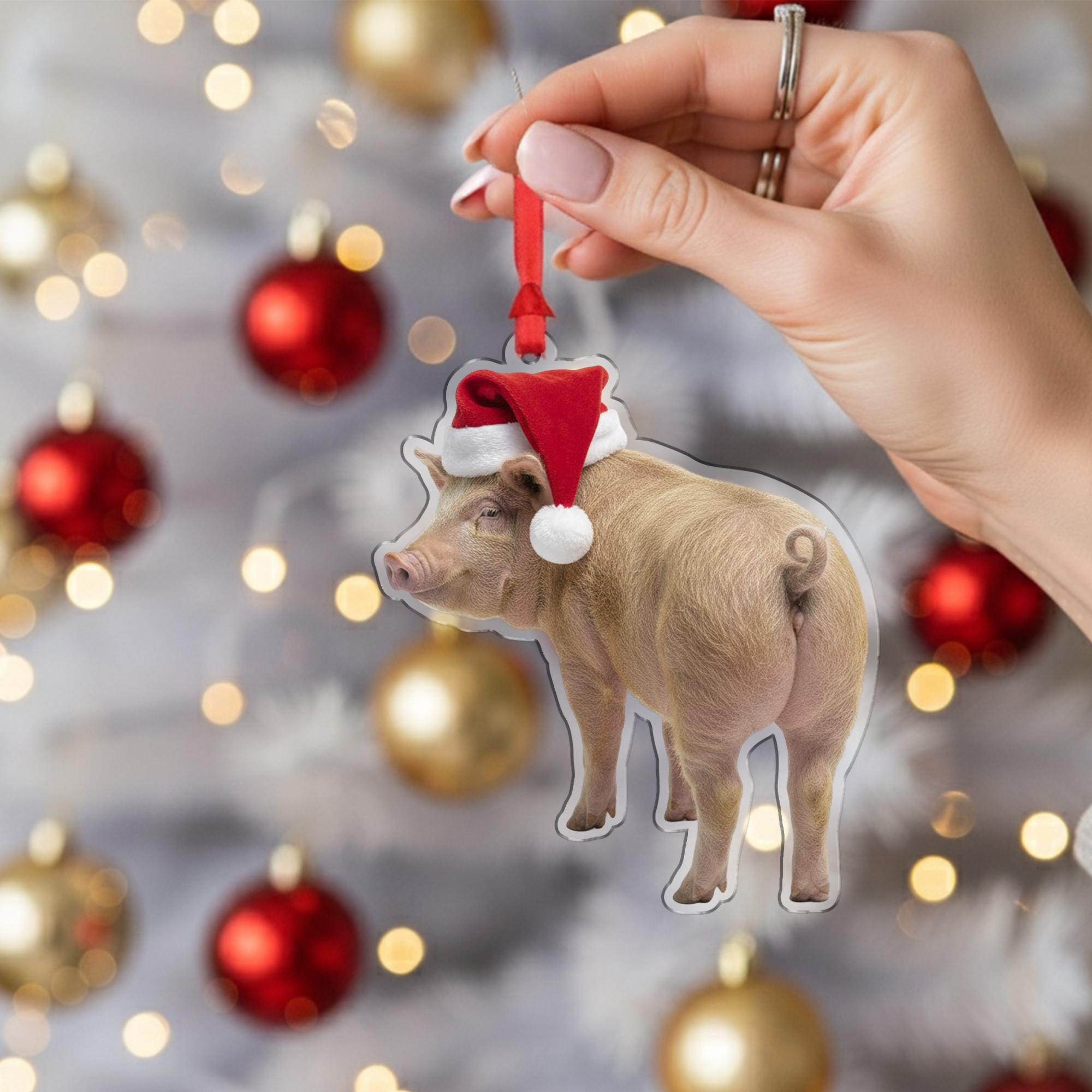 Pig Christmas Ornament – Acrylic Hanging Decoration with Santa Hat Design