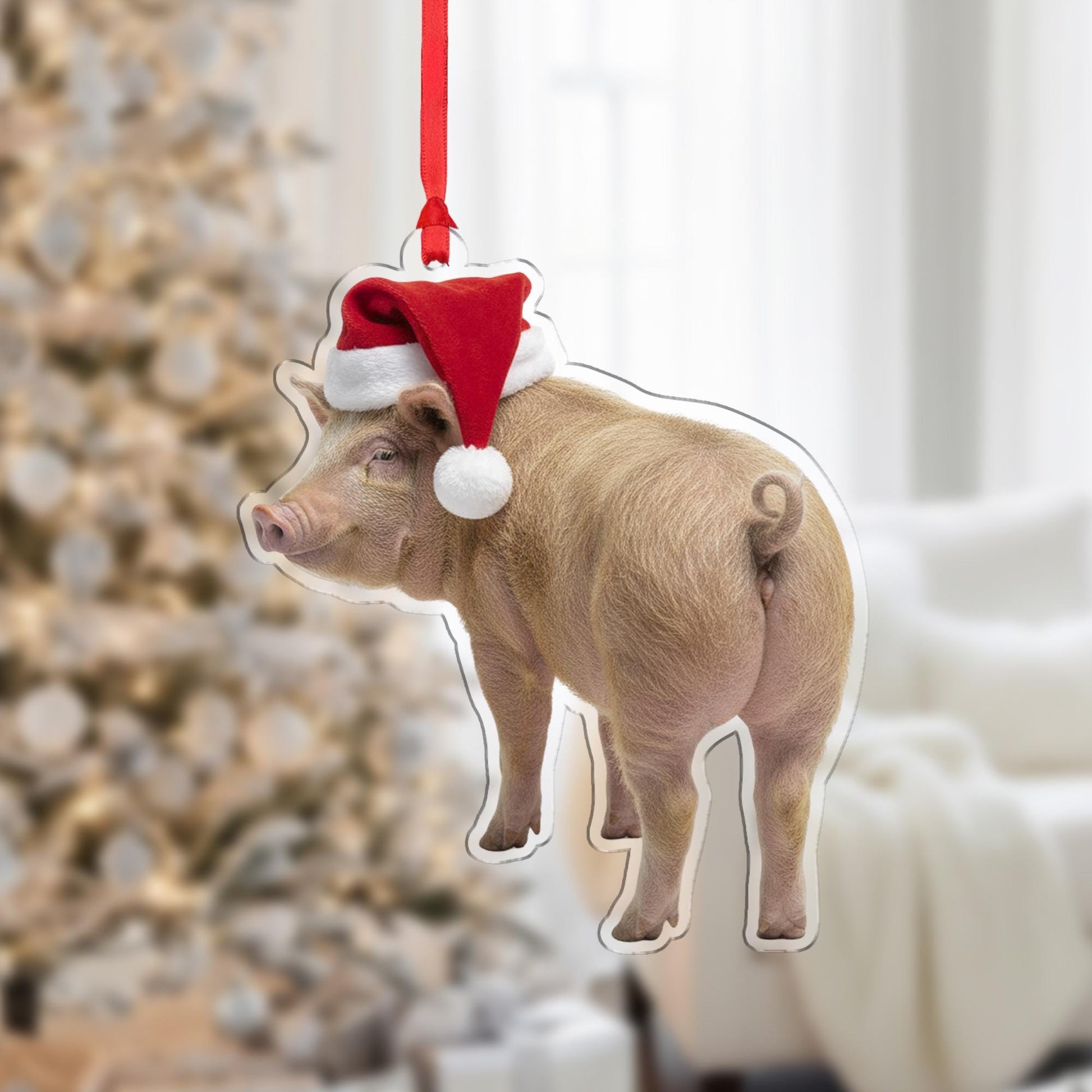 Pig Christmas Ornament – Acrylic Hanging Decoration with Santa Hat Design