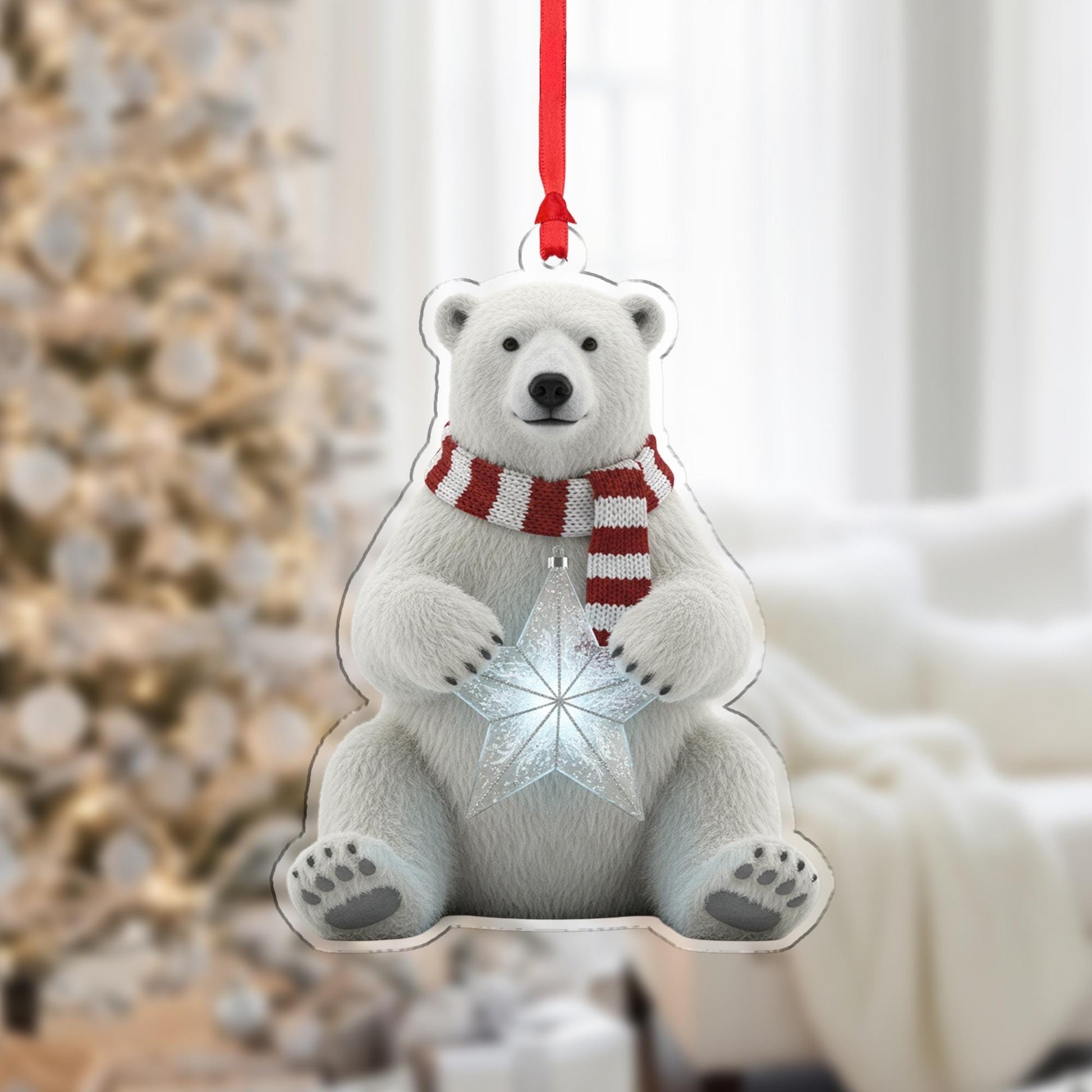 Polar Bear Christmas Ornament – Acrylic Hanging Decoration with Scarf and Star Design