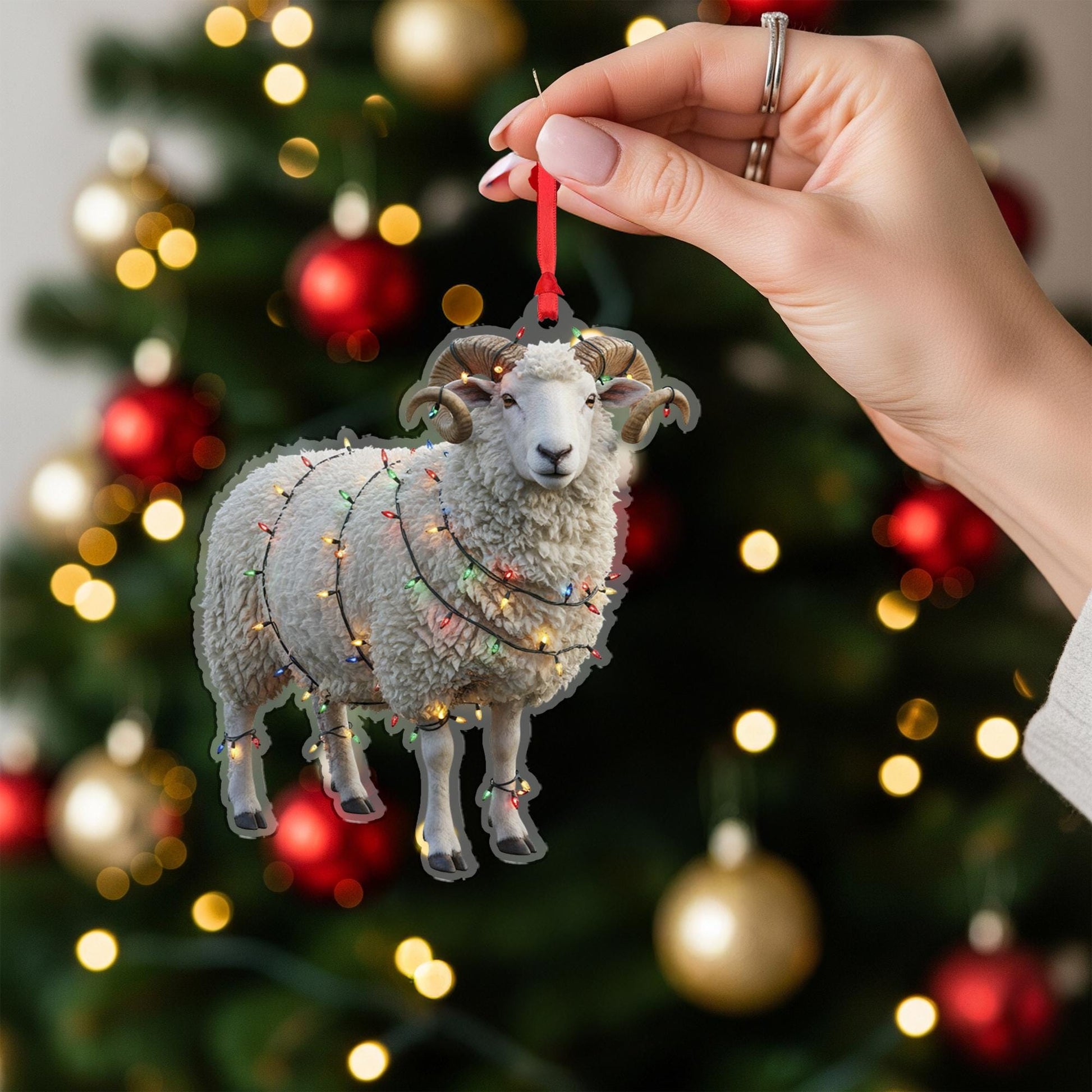 Sheep Christmas Ornament – Acrylic Hanging Decoration with Holiday Lights Design