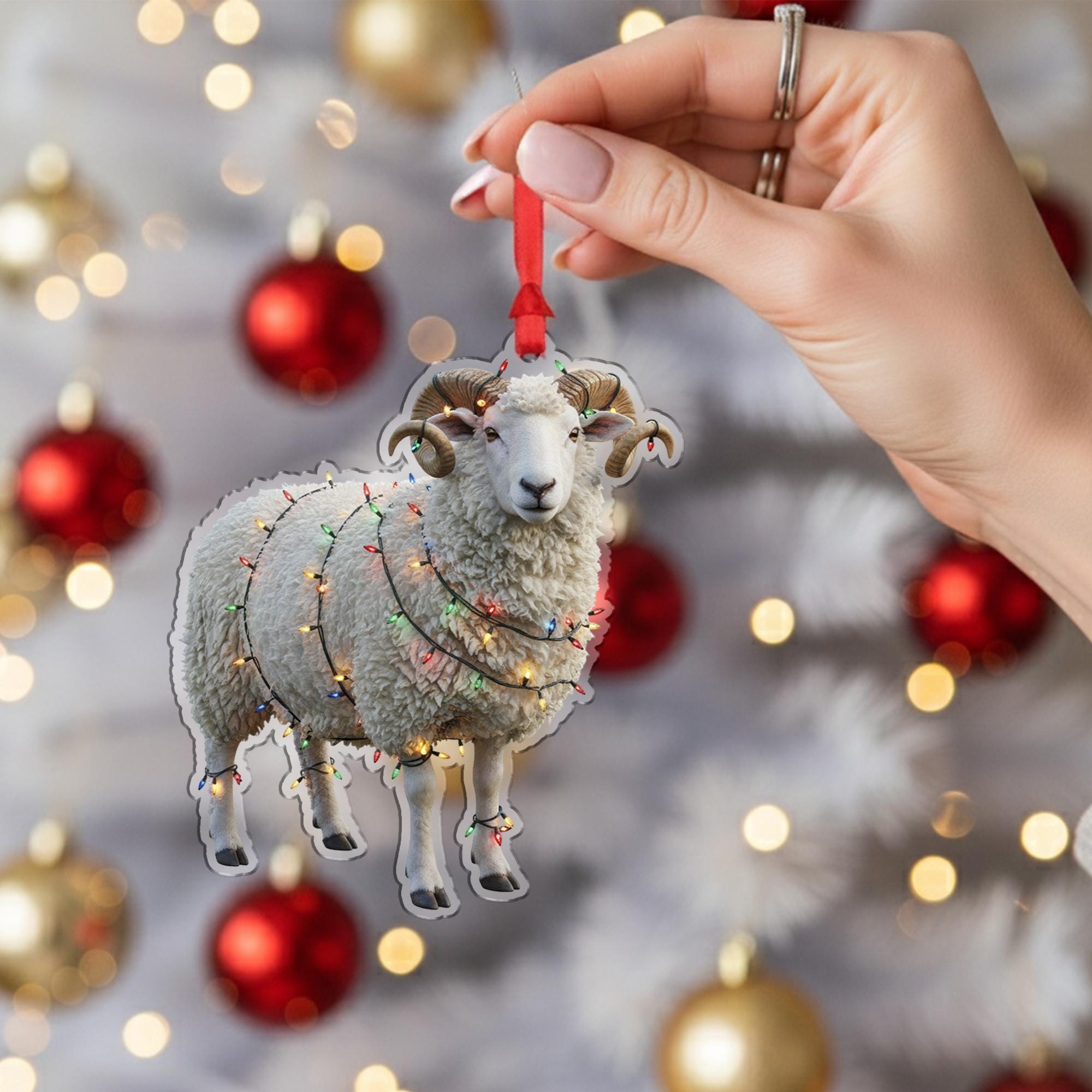 Sheep Christmas Ornament – Acrylic Hanging Decoration with Holiday Lights Design