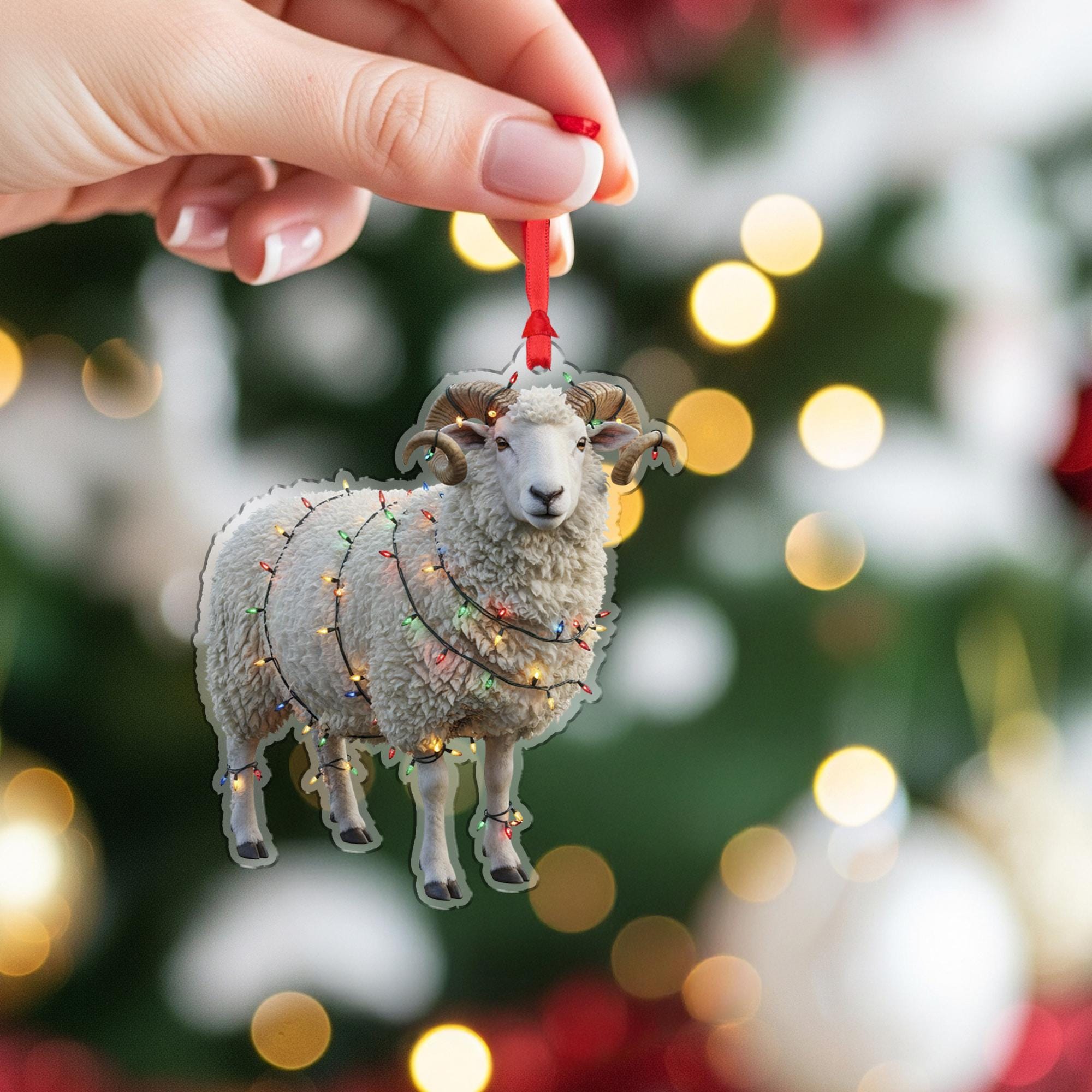 Sheep Christmas Ornament – Acrylic Hanging Decoration with Holiday Lights Design