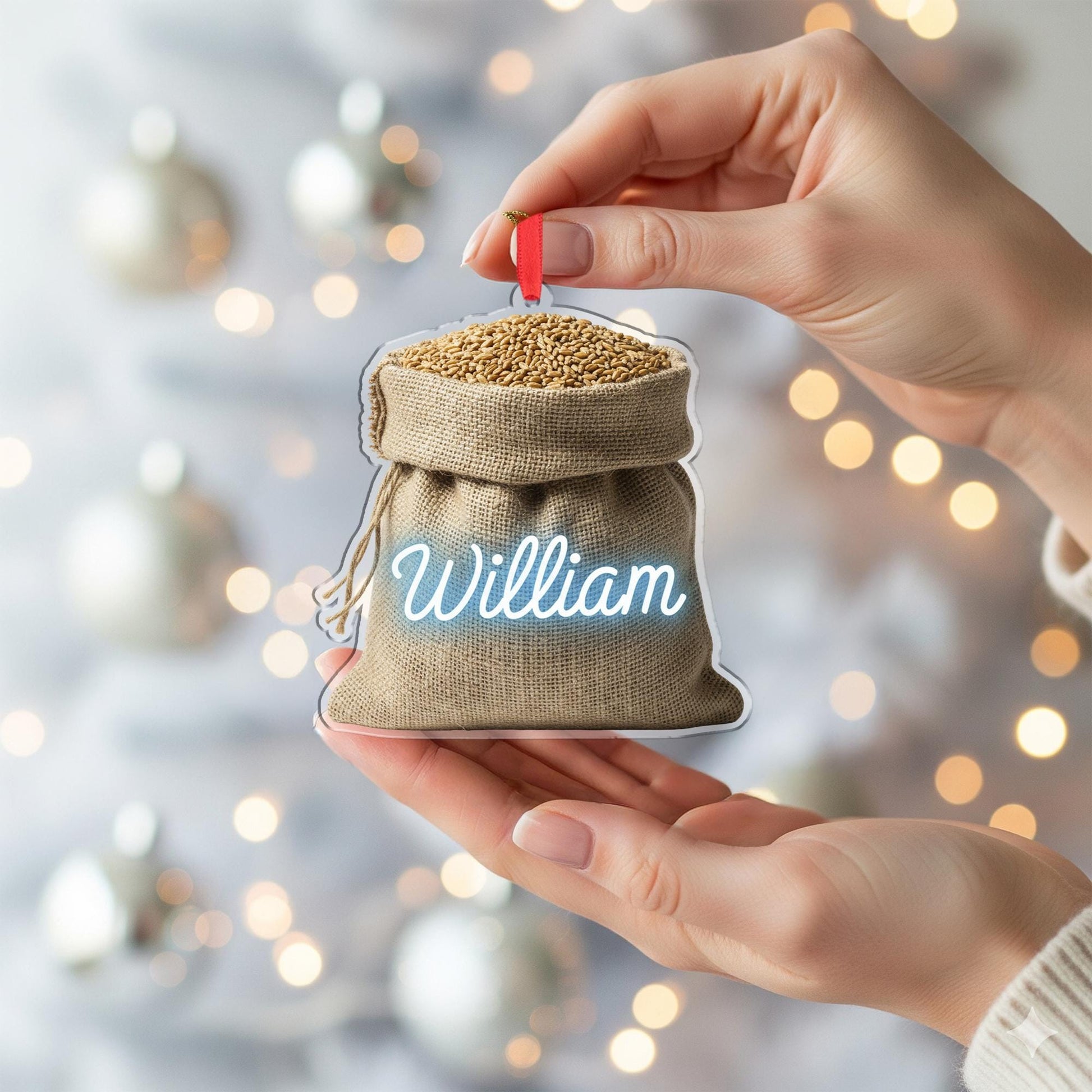 Personalized Grain Sack Christmas Ornament – Burlap Acrylic Hanging Decoration with Custom Name