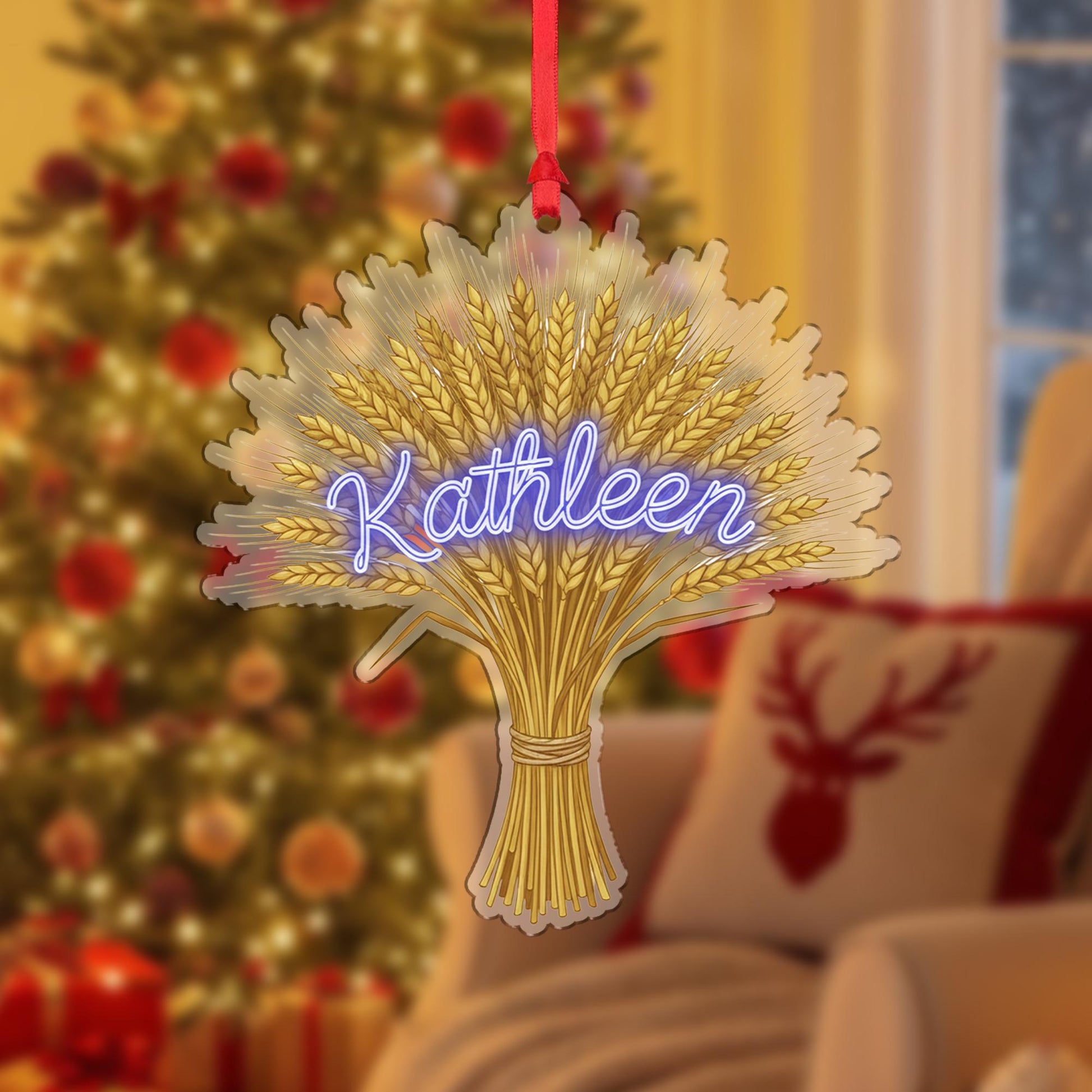 Personalized Wheat Bundle Christmas Ornament – Acrylic Hanging Decoration with Custom Name