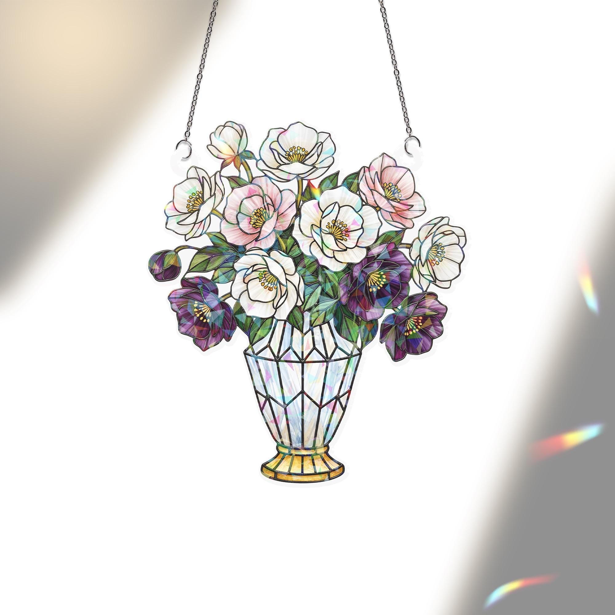 Holographic Window Hanging – Christmas Rose Vase Decoration with White and Purple Flowers