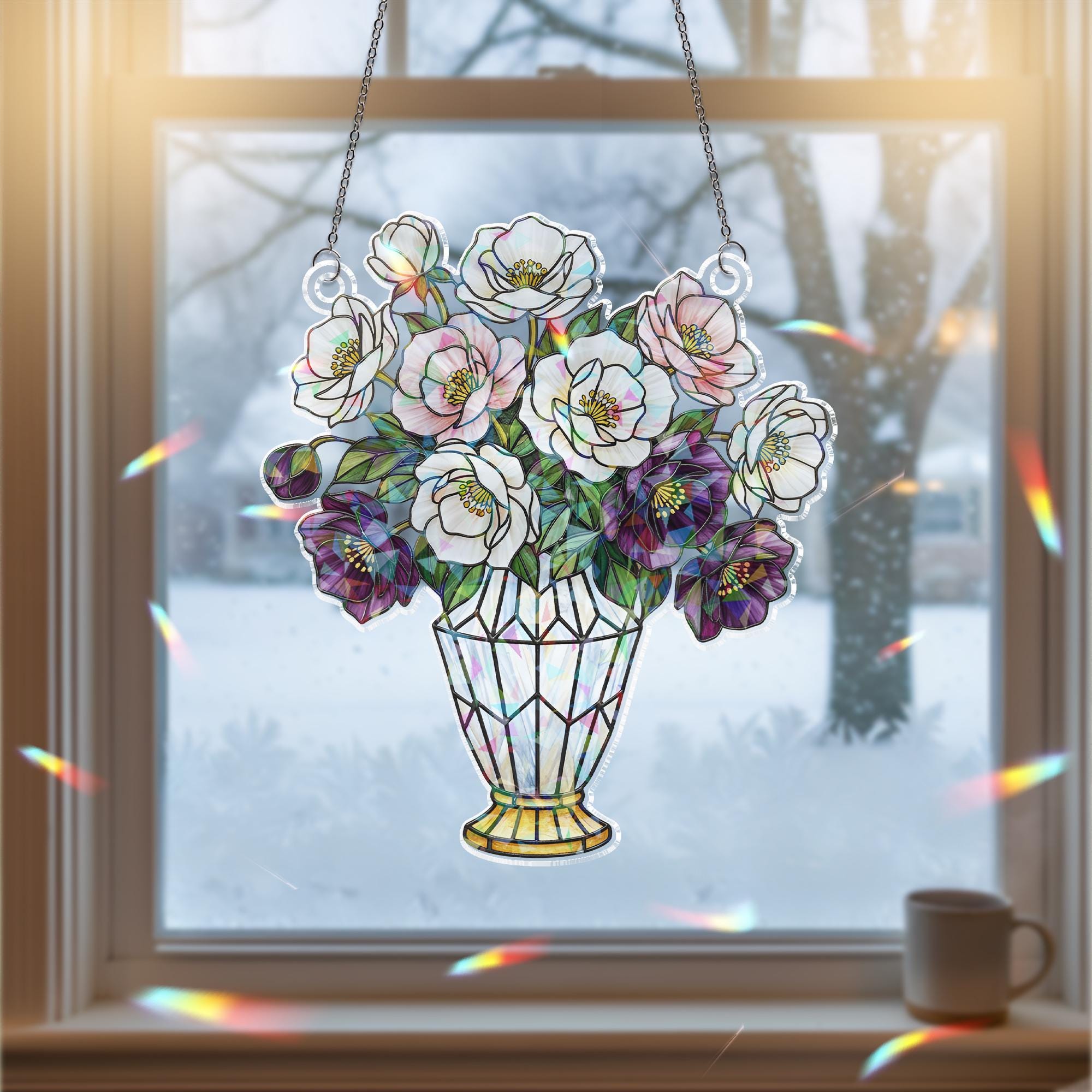 Holographic Window Hanging – Christmas Rose Vase Decoration with White and Purple Flowers