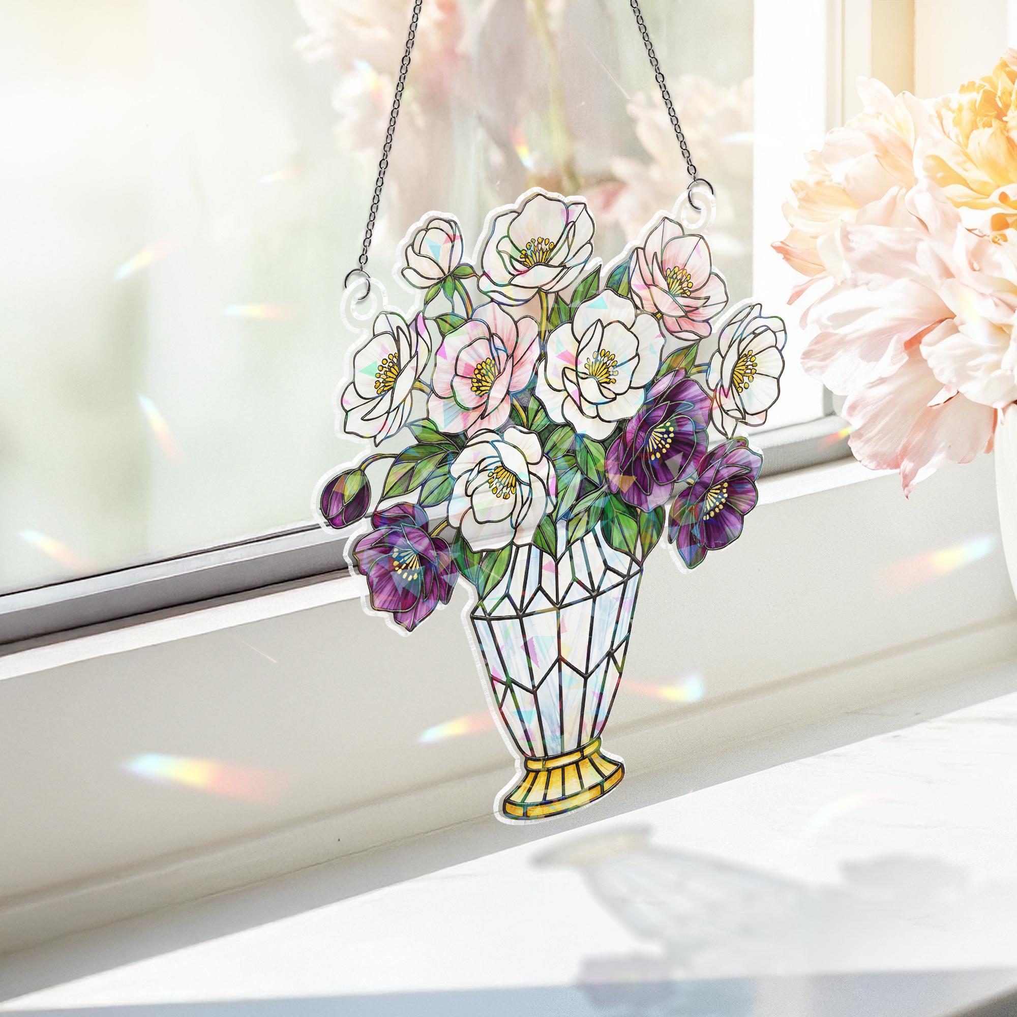 Holographic Window Hanging – Christmas Rose Vase Decoration with White and Purple Flowers