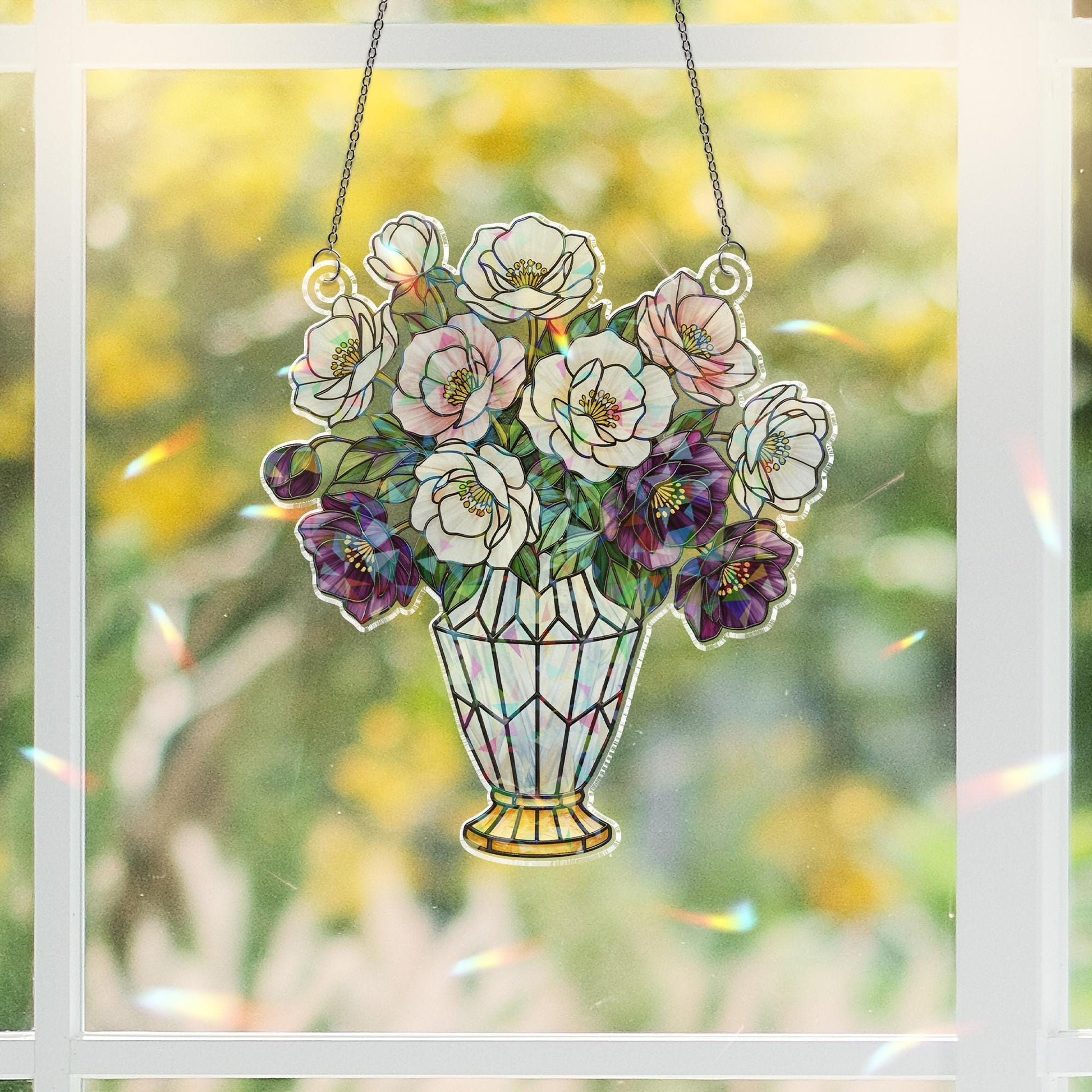 Holographic Window Hanging – Christmas Rose Vase Decoration with White and Purple Flowers