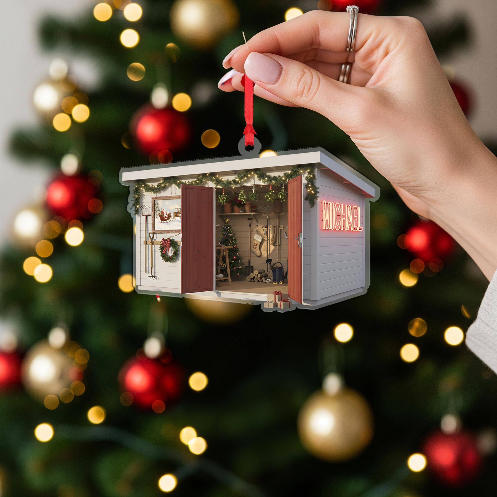 Personalized Farm Shed Christmas Ornament – Acrylic Hanging Decoration with Holiday Lights Design