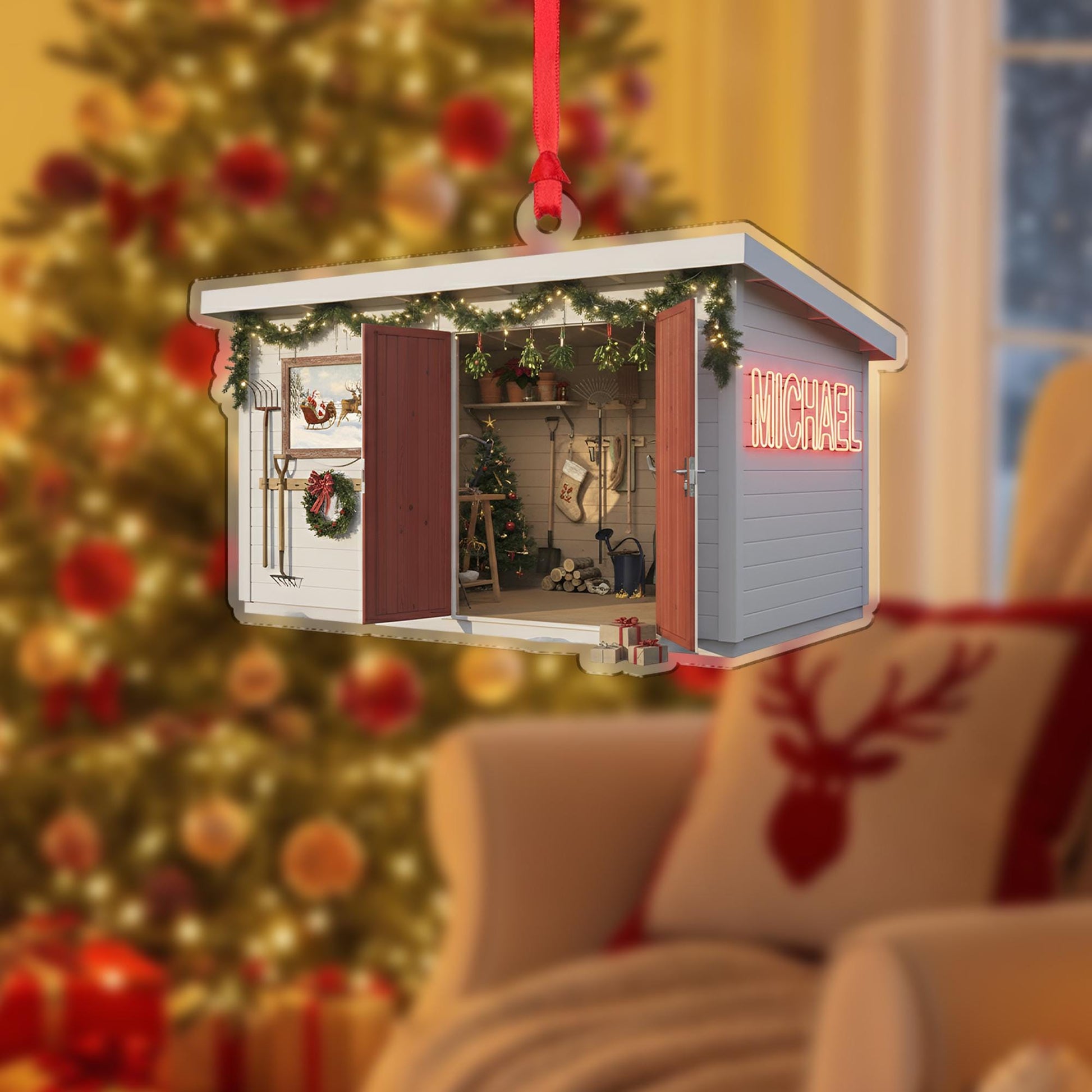 Personalized Farm Shed Christmas Ornament – Acrylic Hanging Decoration with Holiday Lights Design