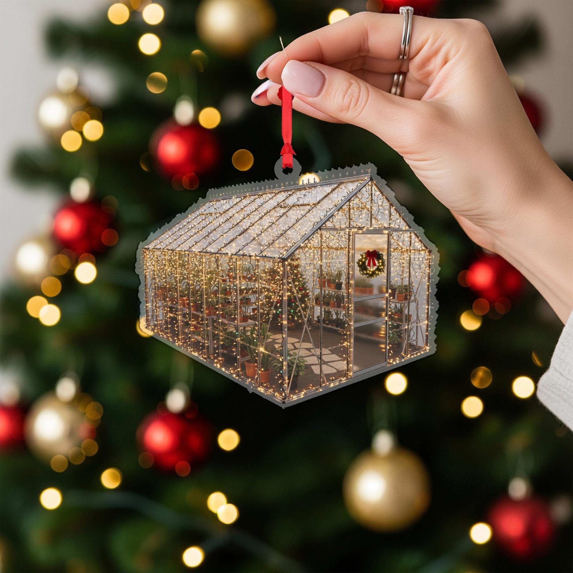 Greenhouse Christmas Ornament – Acrylic Hanging Decoration with Holiday Lights and Plants Design