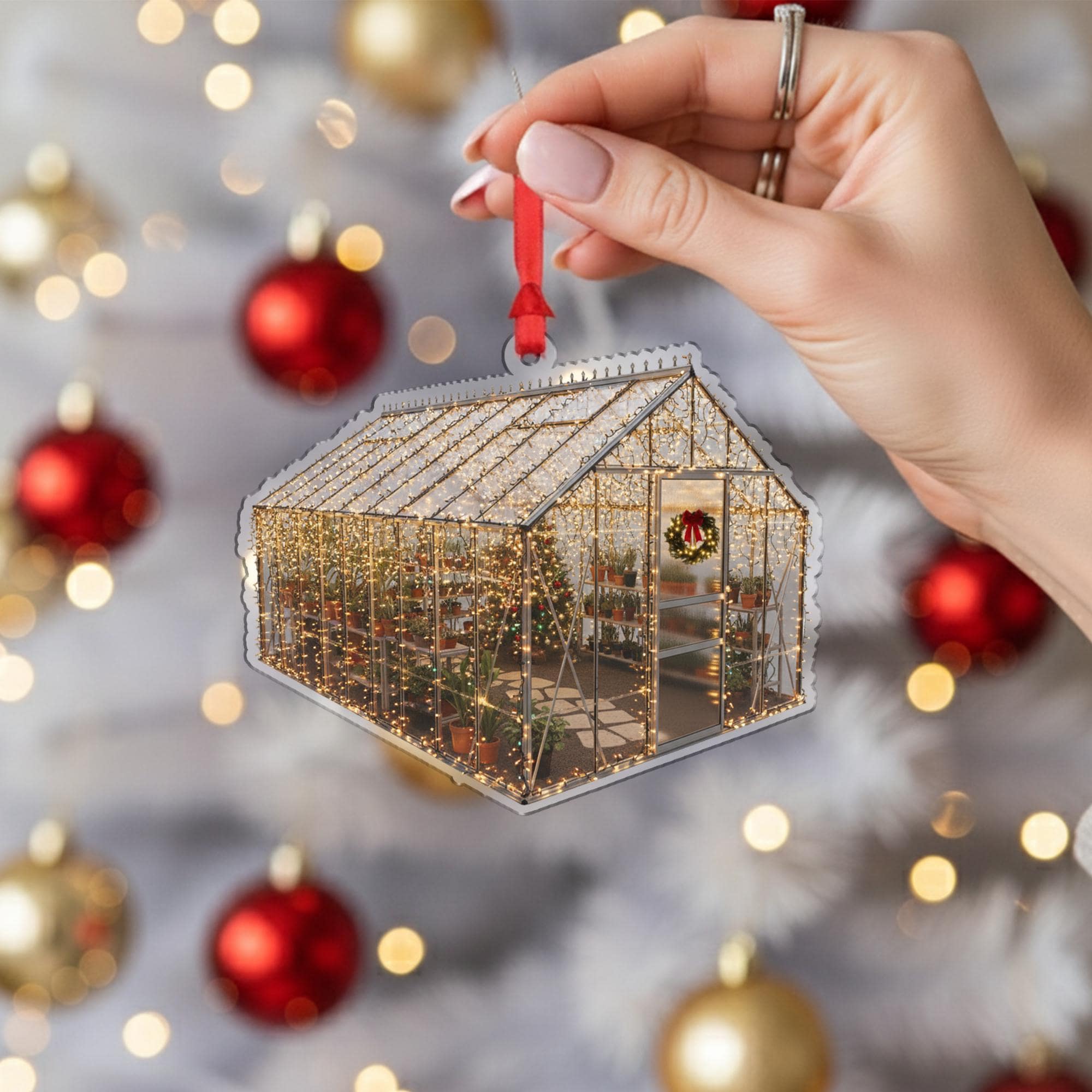 Greenhouse Christmas Ornament – Acrylic Hanging Decoration with Holiday Lights and Plants Design