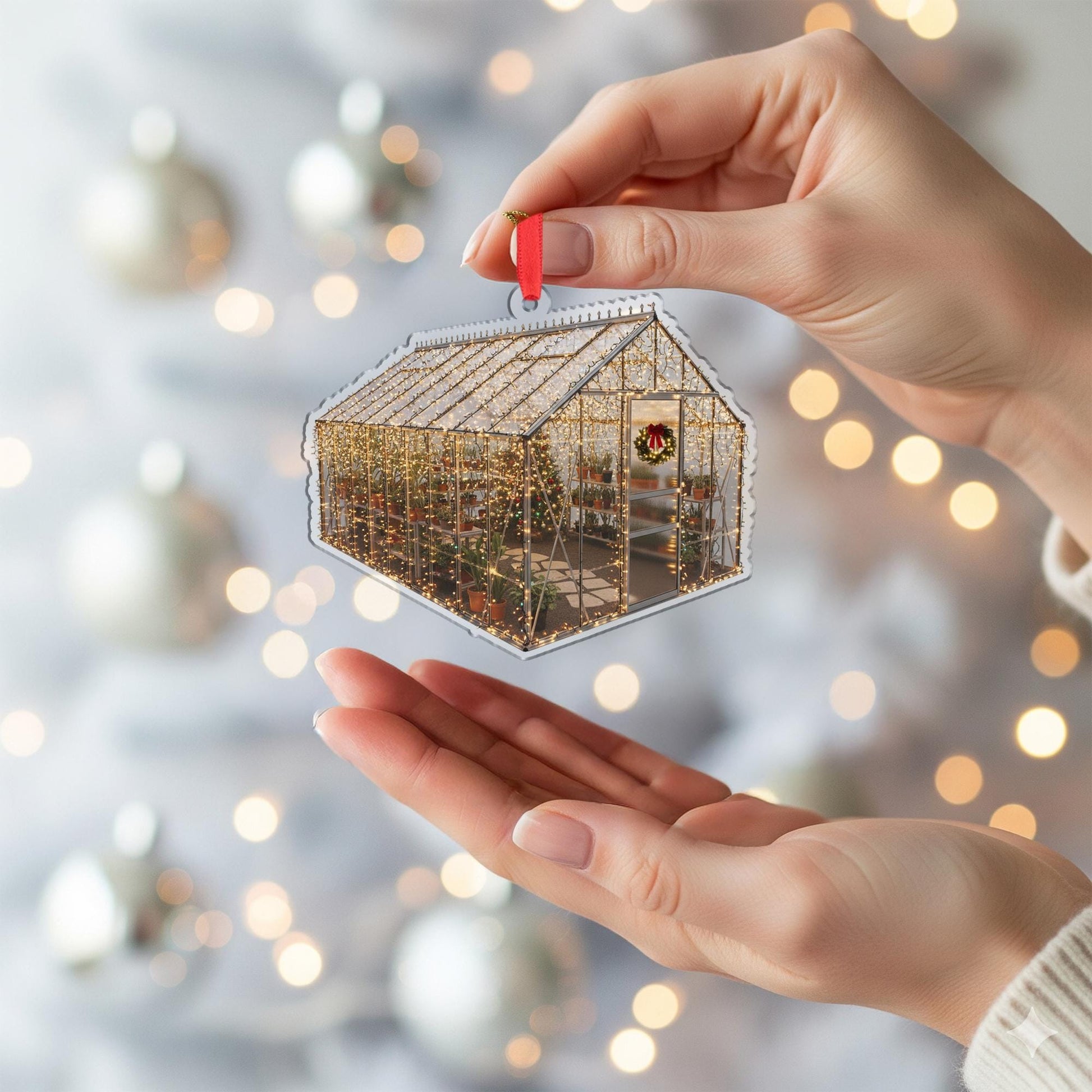 Greenhouse Christmas Ornament – Acrylic Hanging Decoration with Holiday Lights and Plants Design